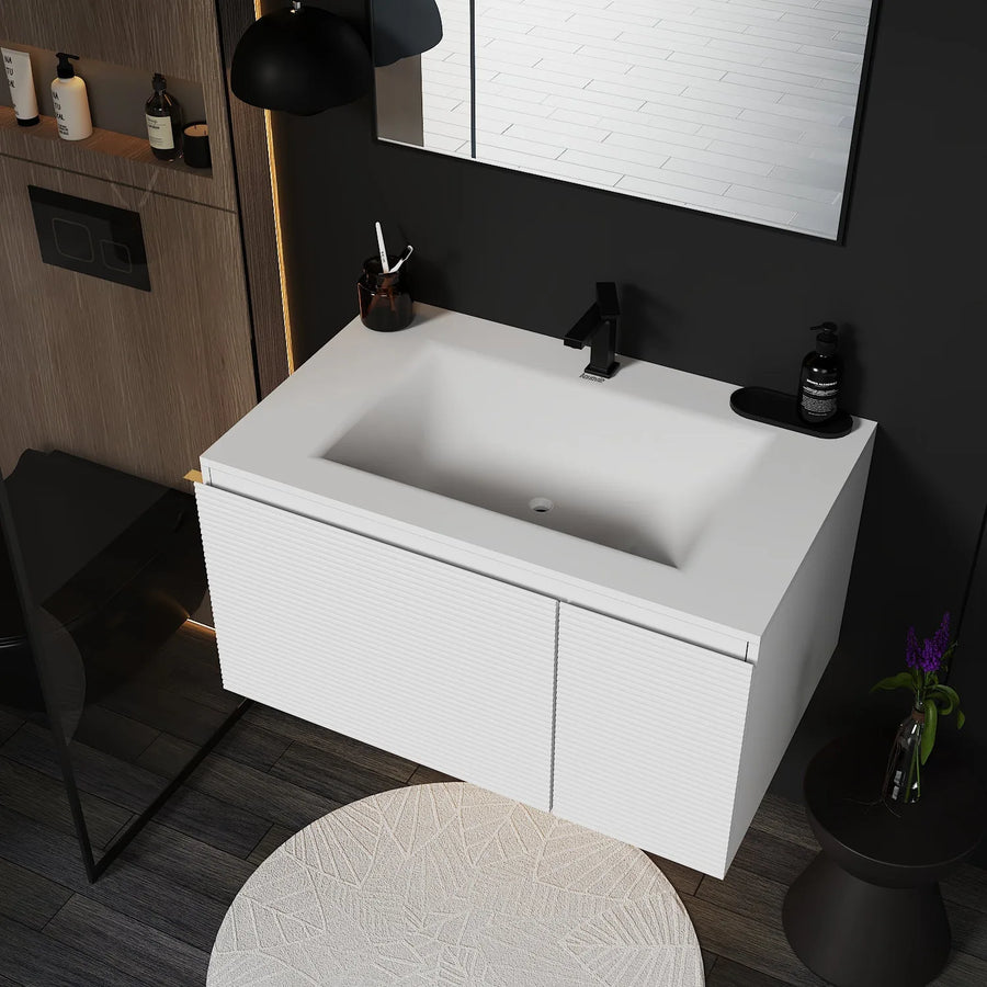 Aventino wall-mounted vanity — side profile showing floor clearance