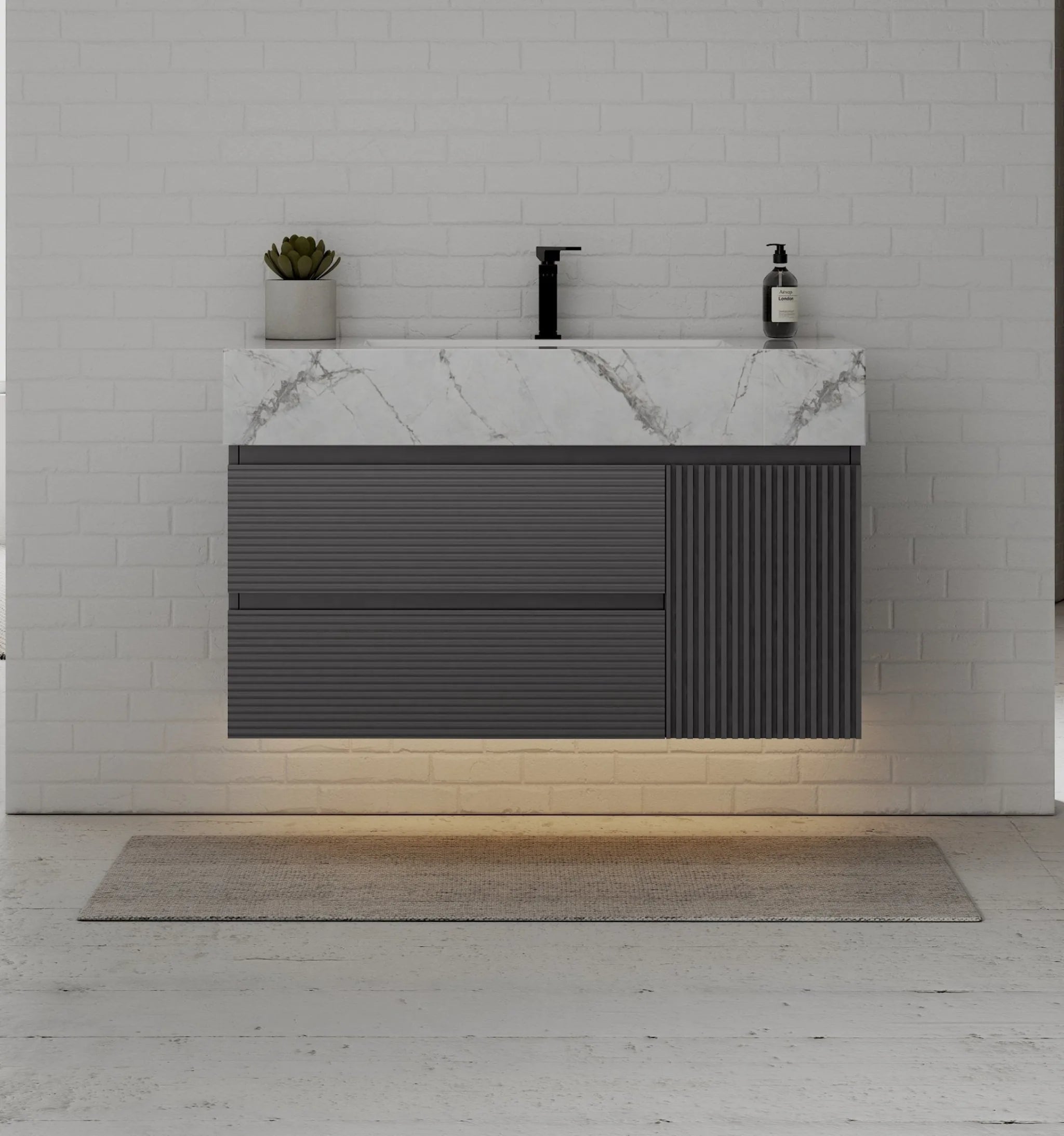 Aventino 40"–48" Dark Grey Fluted Floating Single-Sink Vanity with Sintered Stone Top