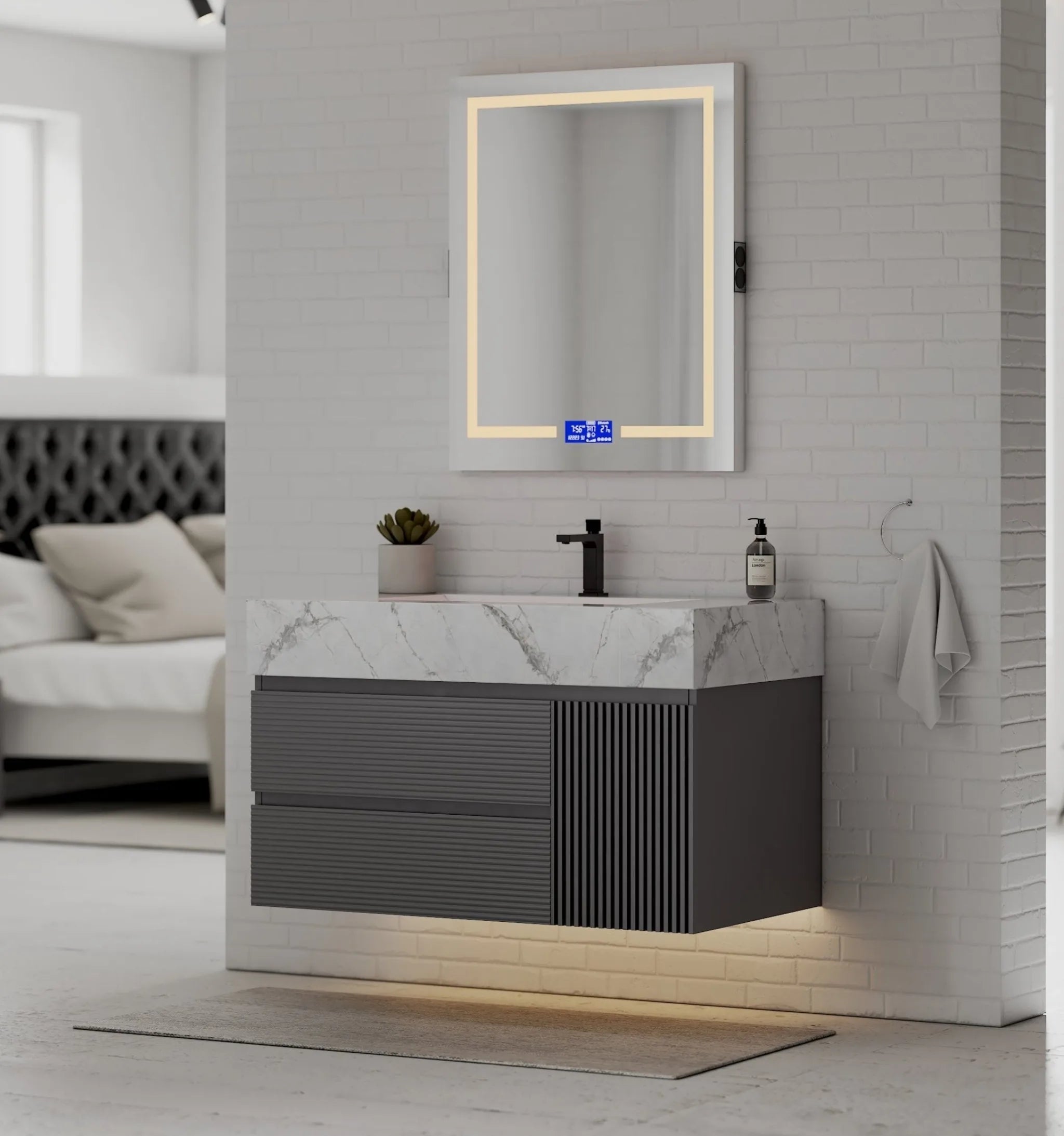 Aventino 40"–48" Dark Grey Fluted Floating Single-Sink Vanity with Sintered Stone Top