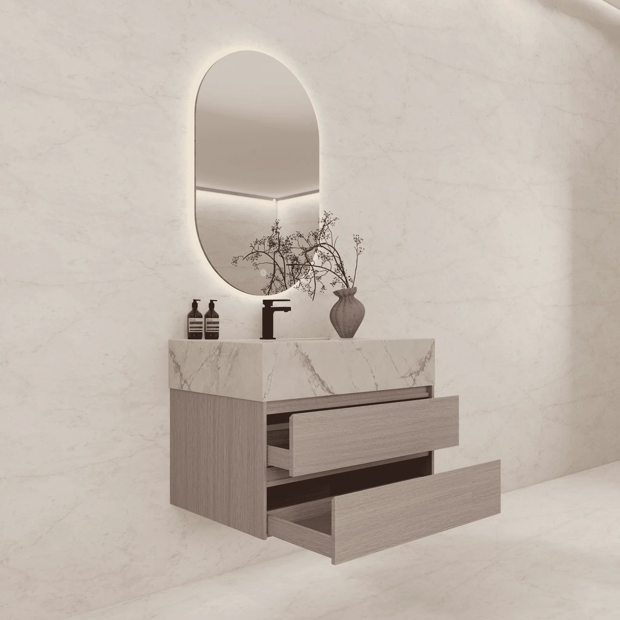 Aventino 32"–40" Nature Oak Floating Single-Sink Vanity with Sintered Stone Top