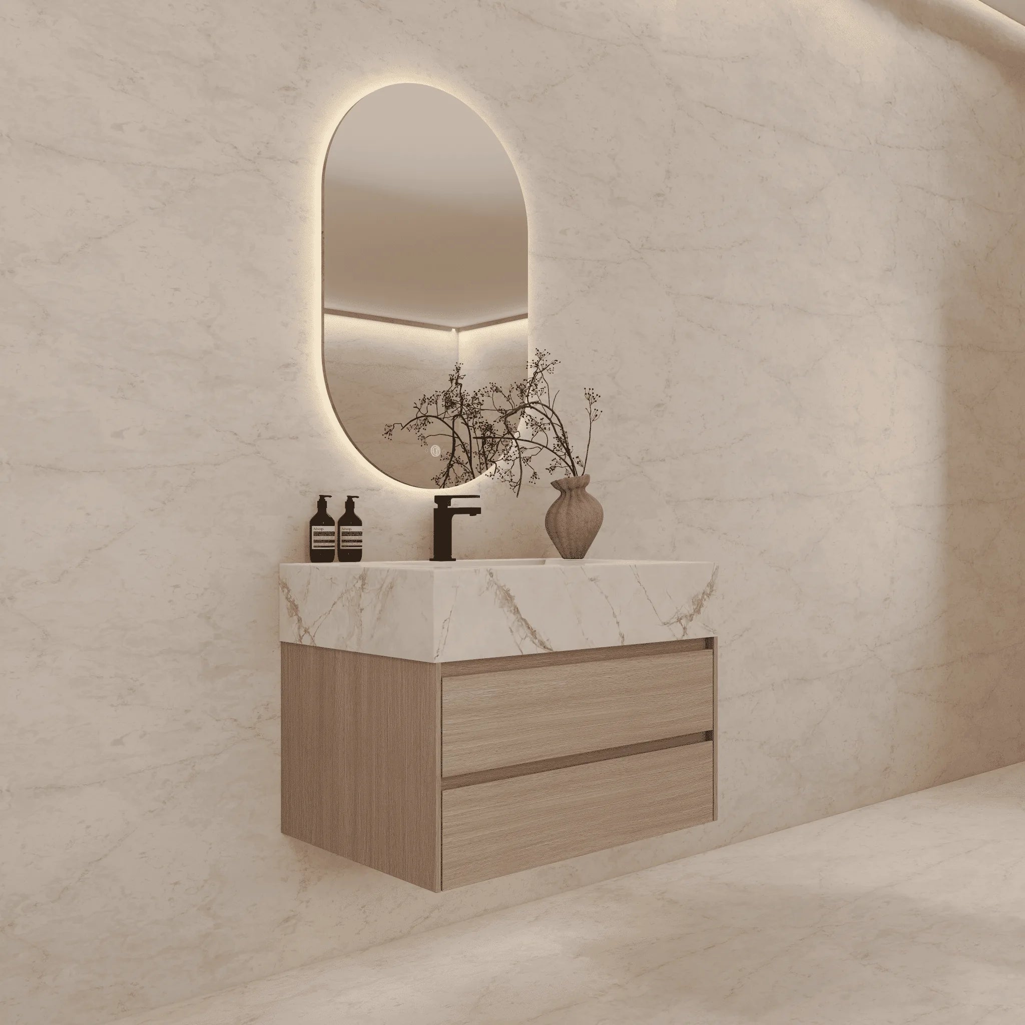 Aventino 32"–40" Smoked Oak Floating Single-Sink Vanity with Sintered Stone Top