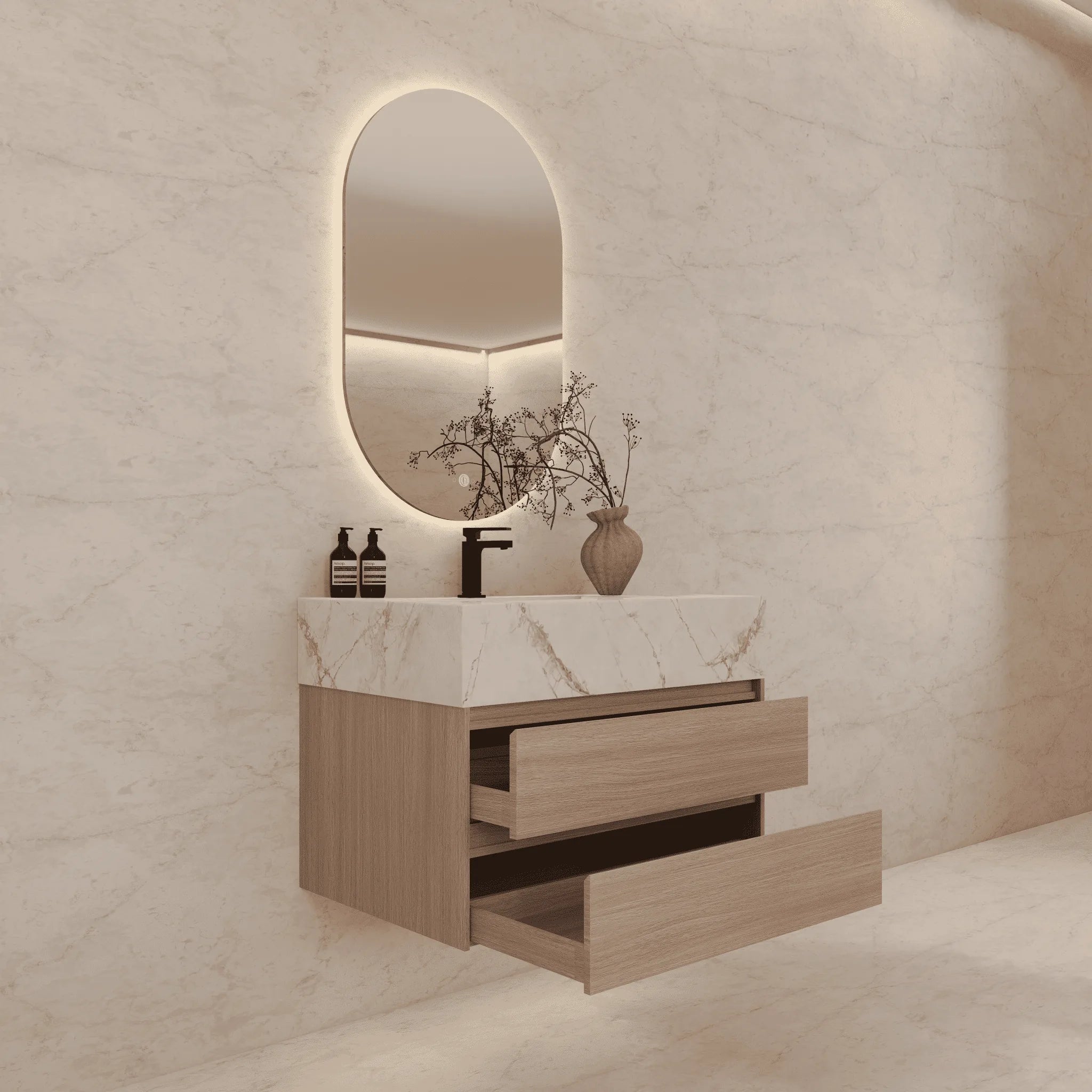Aventino 32"–40" Nature Oak Floating Single-Sink Vanity with Sintered Stone Top