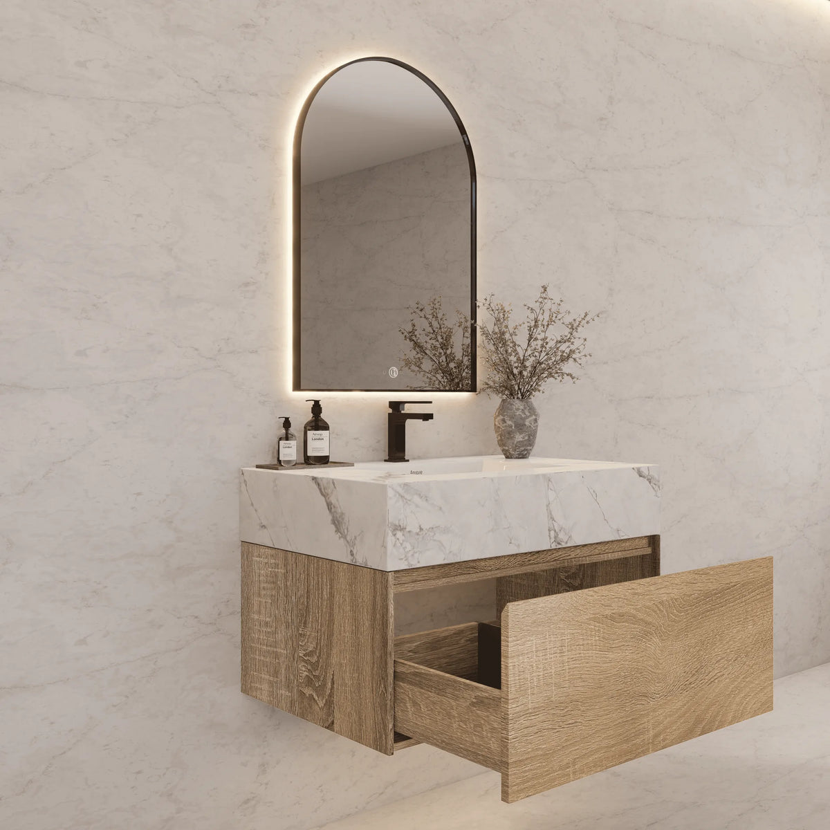 Aventino 40-inch Ice Grey modern floating single-sink vanity — sintered stone top
