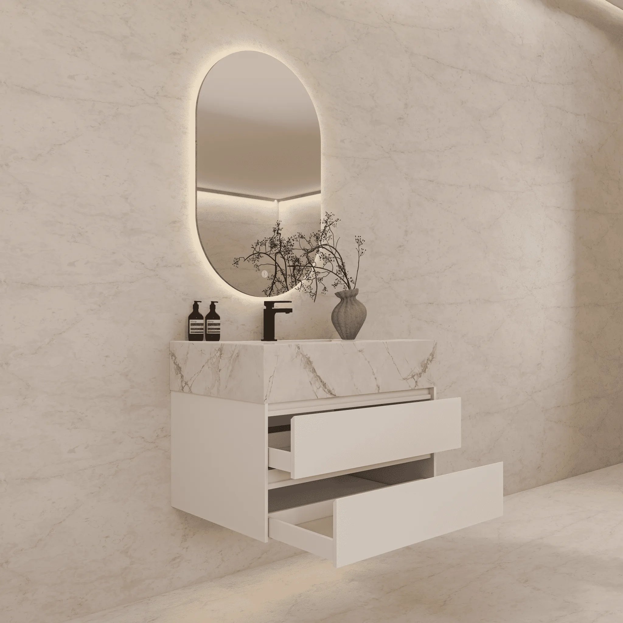 Aventino 32"–40" Nature Oak Floating Single-Sink Vanity with Sintered Stone Top