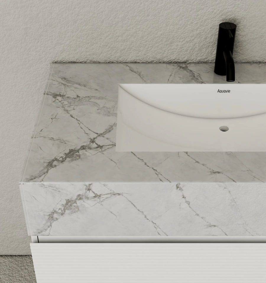Aventino vanity with drawers open — Blum TandemBox soft-close slides