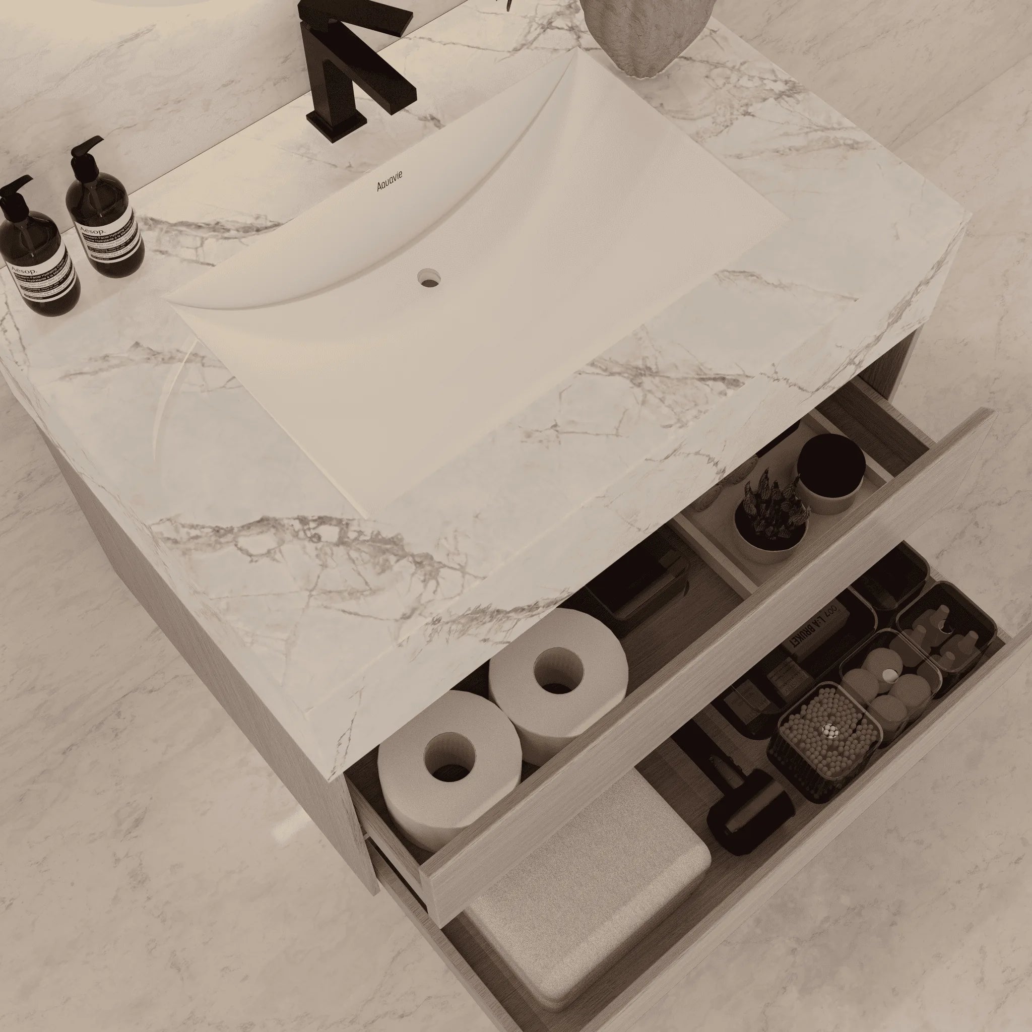 Aventino 32"–40" Nature Oak Floating Single-Sink Vanity with Sintered Stone Top