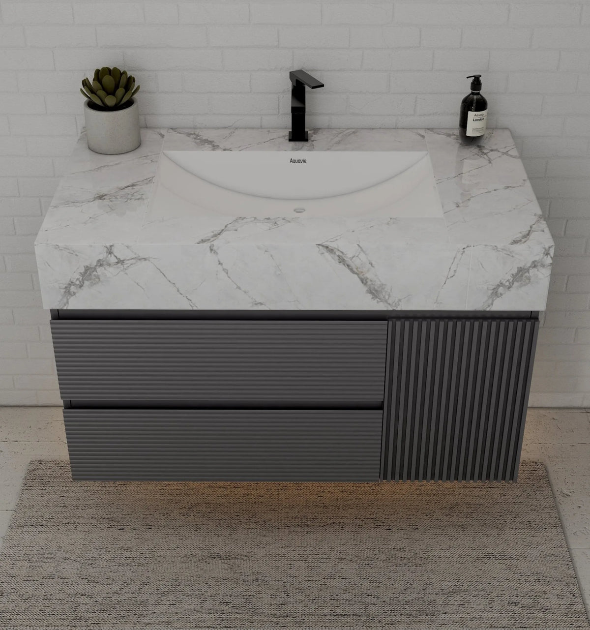 Aventino 40-inch Ice Grey fluted floating single-sink vanity — sintered stone top