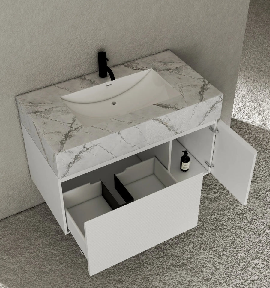 Aventino wall-mounted vanity — side profile showing floor clearance
