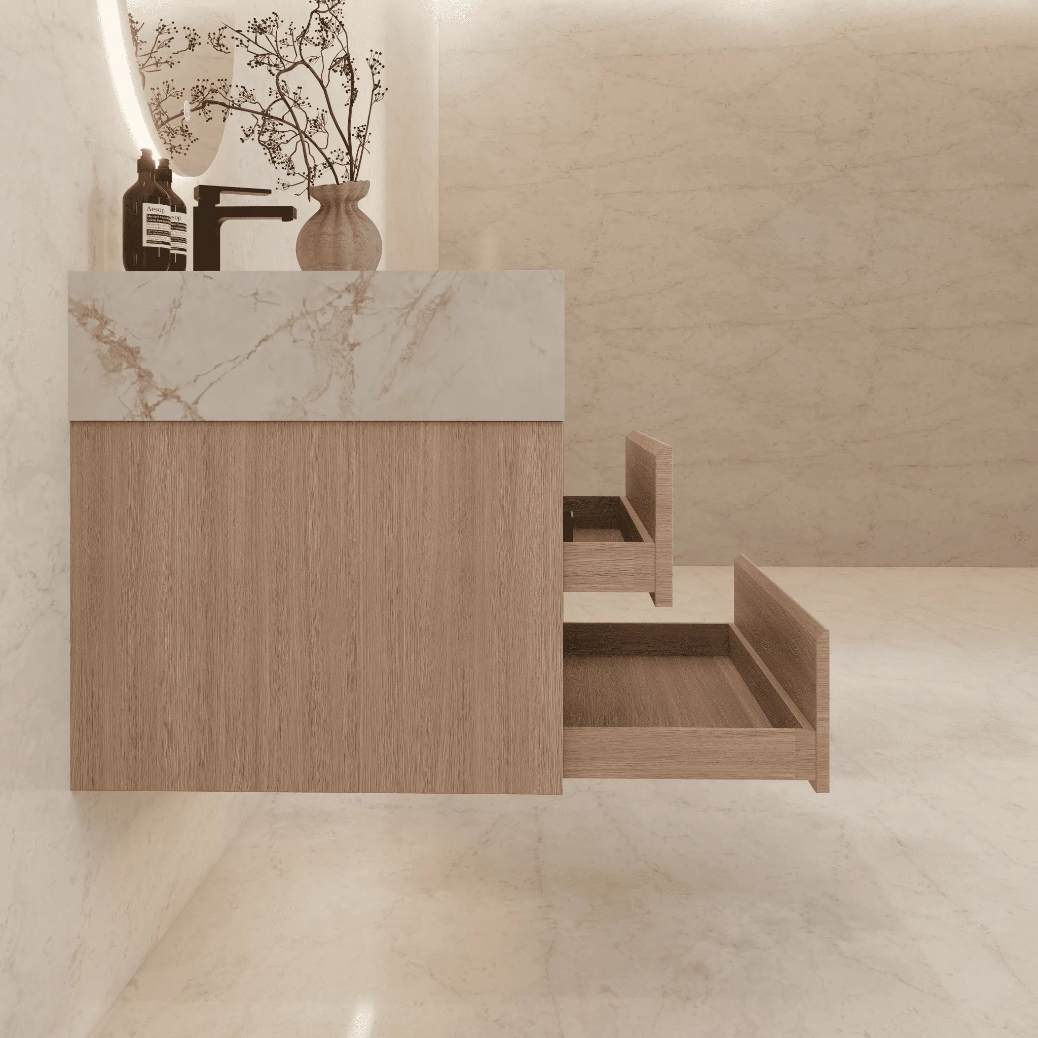 Aventino 32"–40" Smoked Oak Floating Single-Sink Vanity with Sintered Stone Top