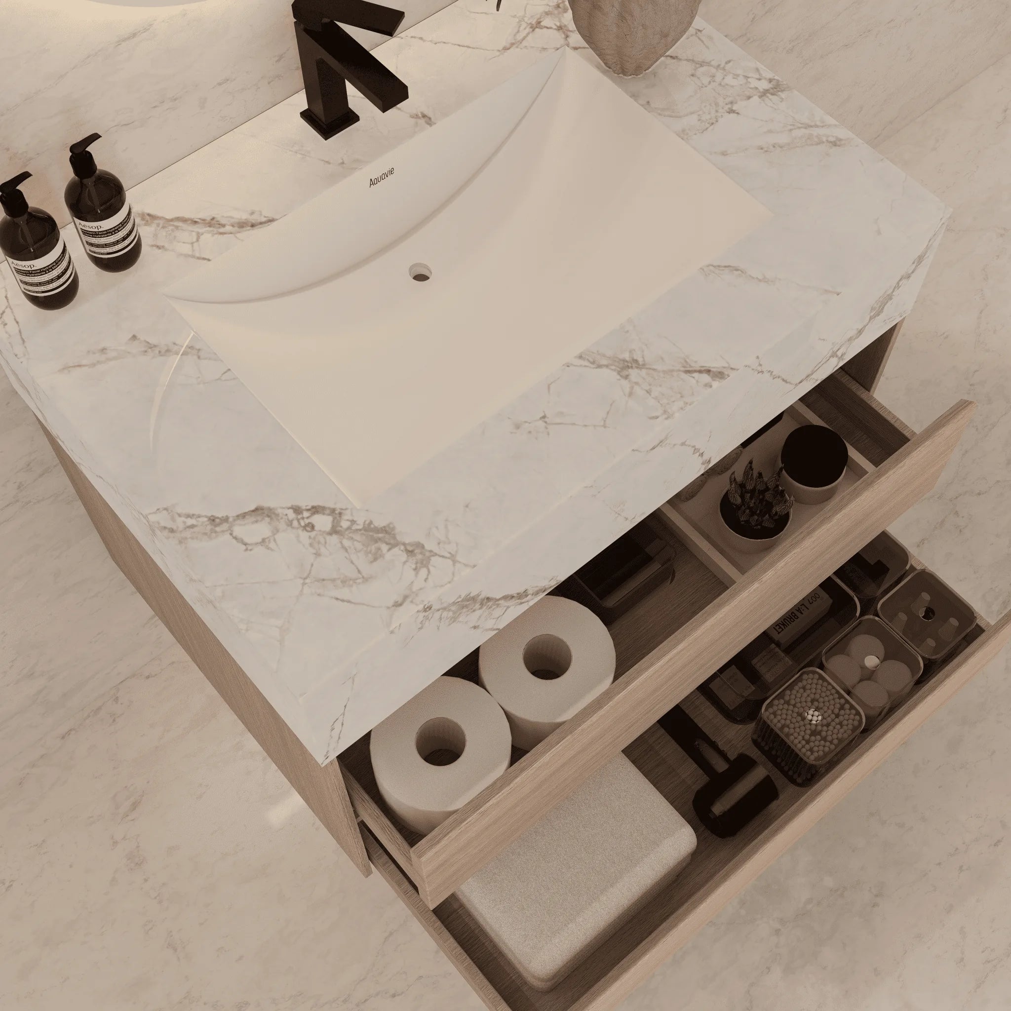Aventino 32"–40" Nature Oak Floating Single-Sink Vanity with Sintered Stone Top