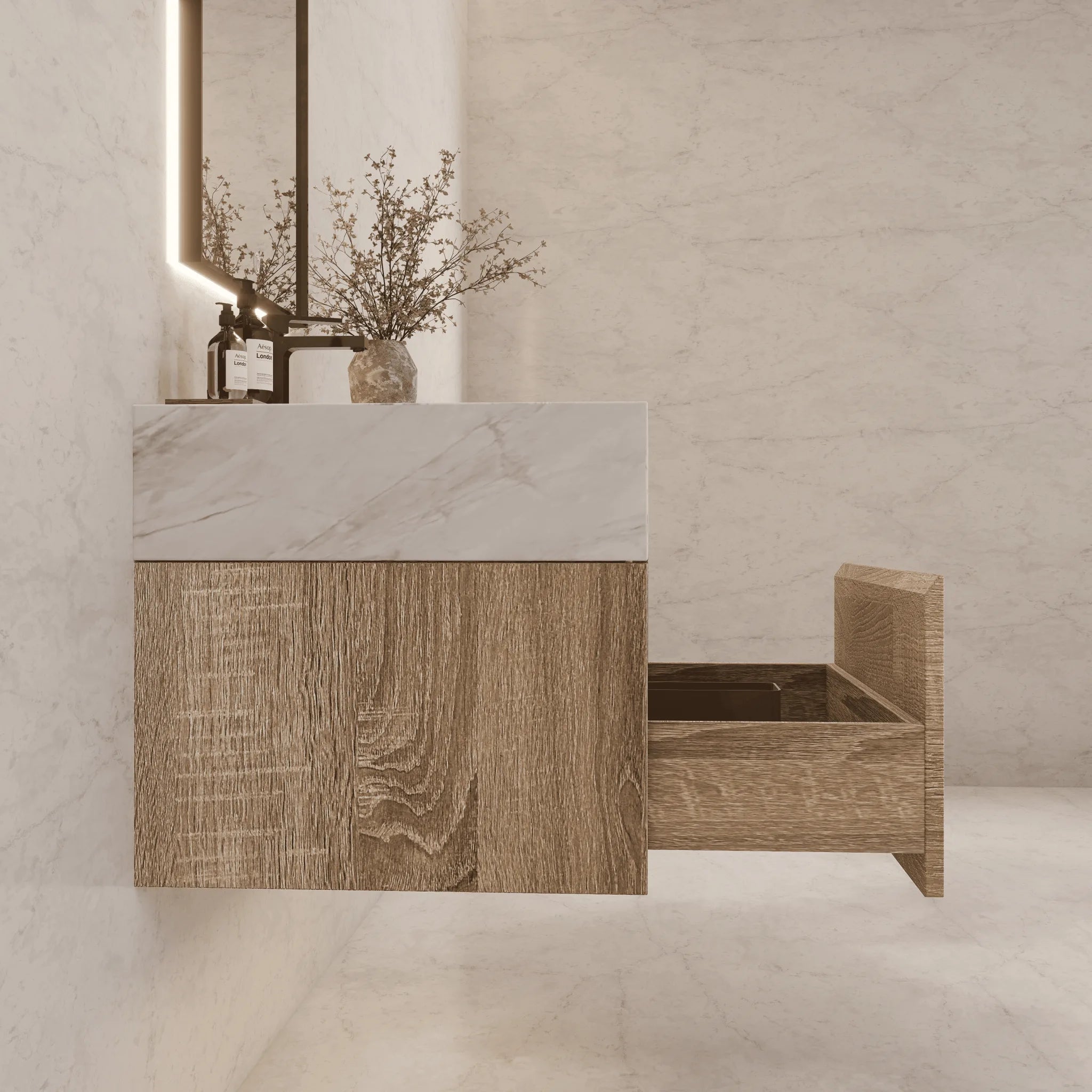 Aventino 32"–40" Light Oak Floating Single-Sink Vanity with Sintered Stone Top