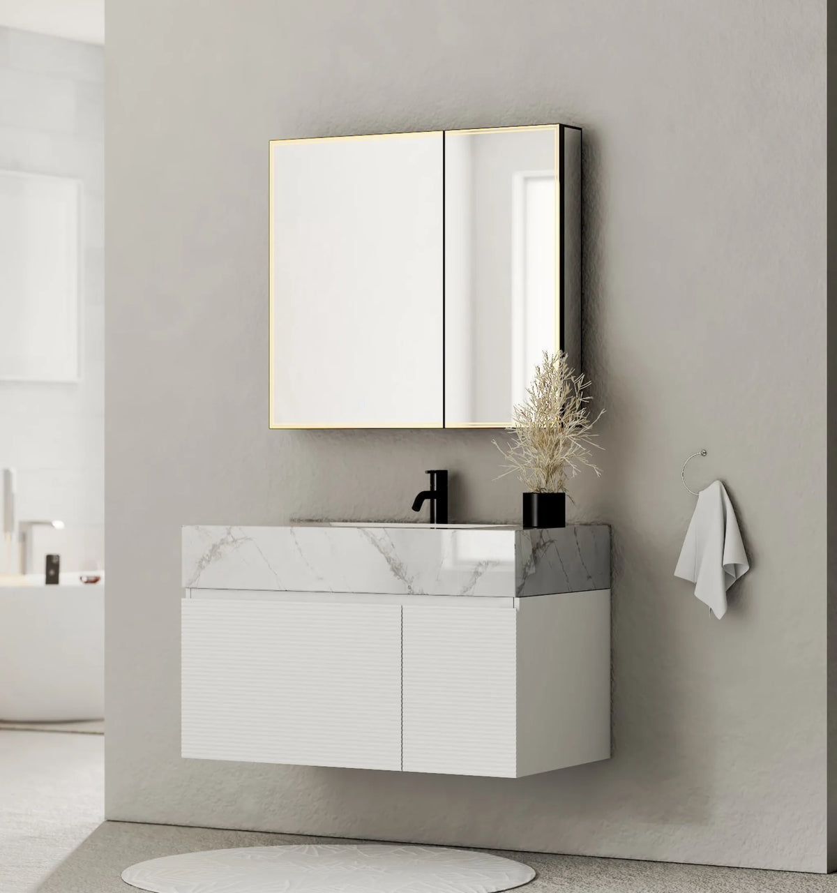 Aventino 40-inch Ice Grey fluted floating single-sink vanity — sintered stone top