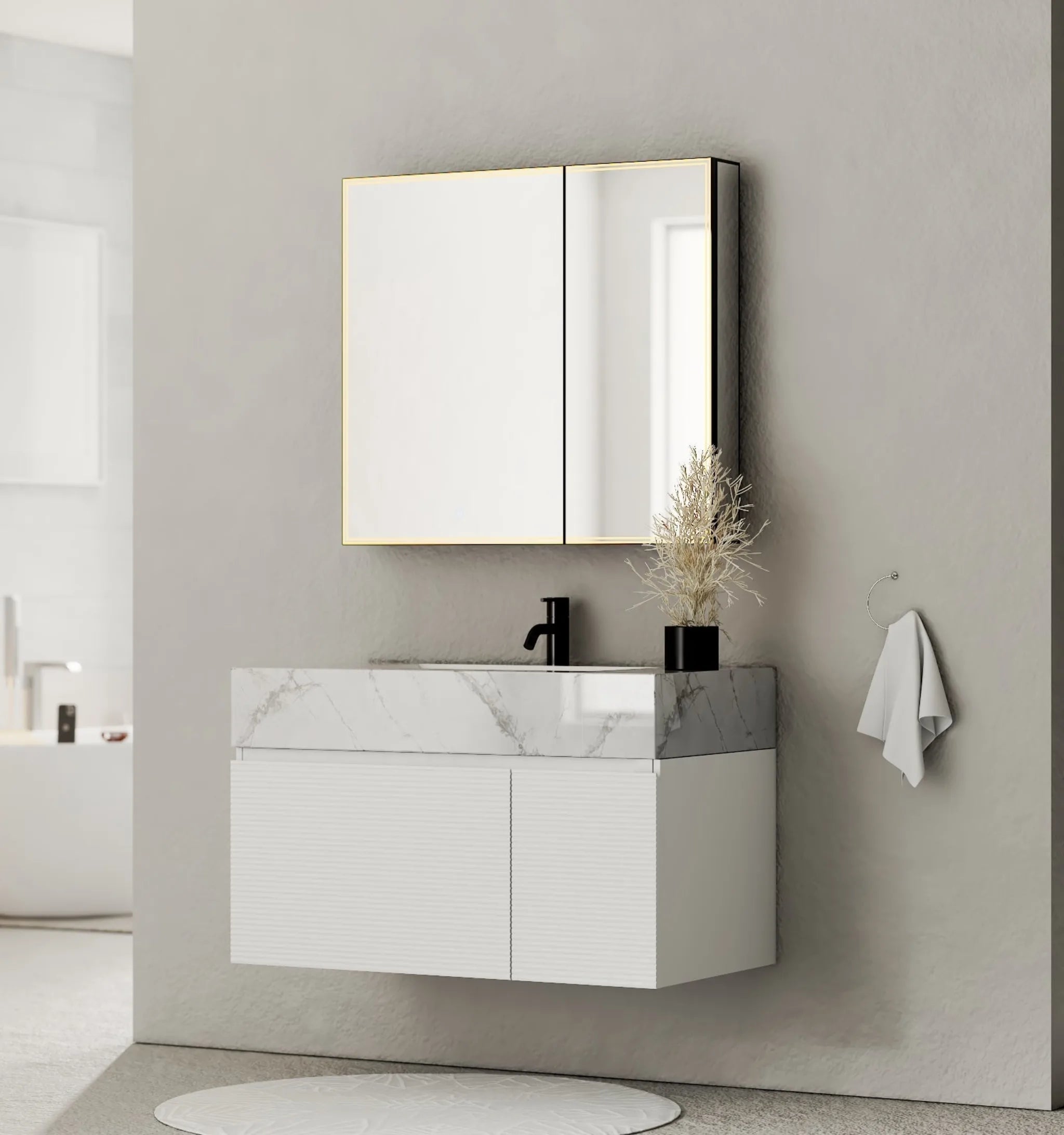 Aventino 40" White Fluted Floating Single-Sink Vanity with Sintered Stone Top