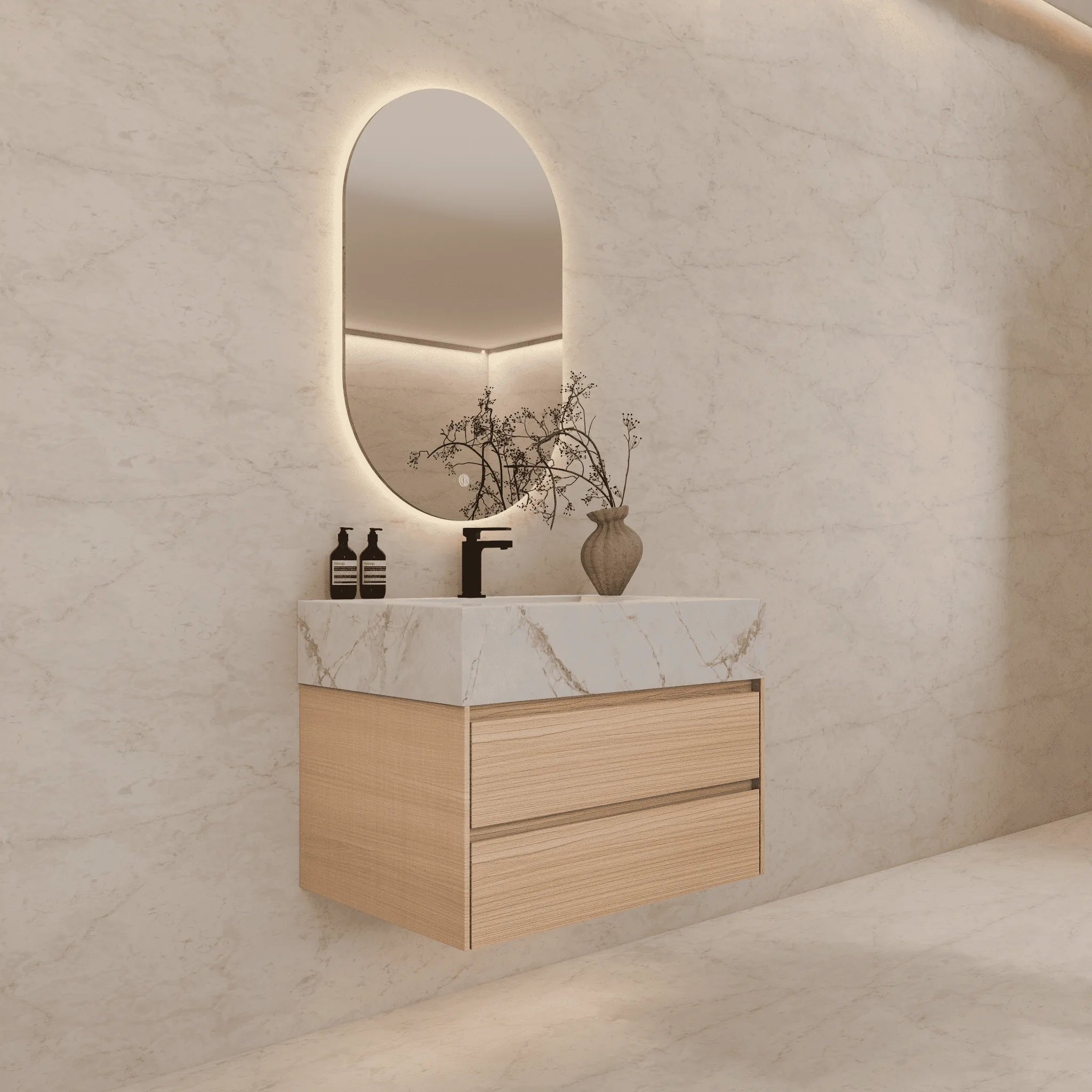 Aventino 32"–40" Nature Oak Floating Single-Sink Vanity with Sintered Stone Top