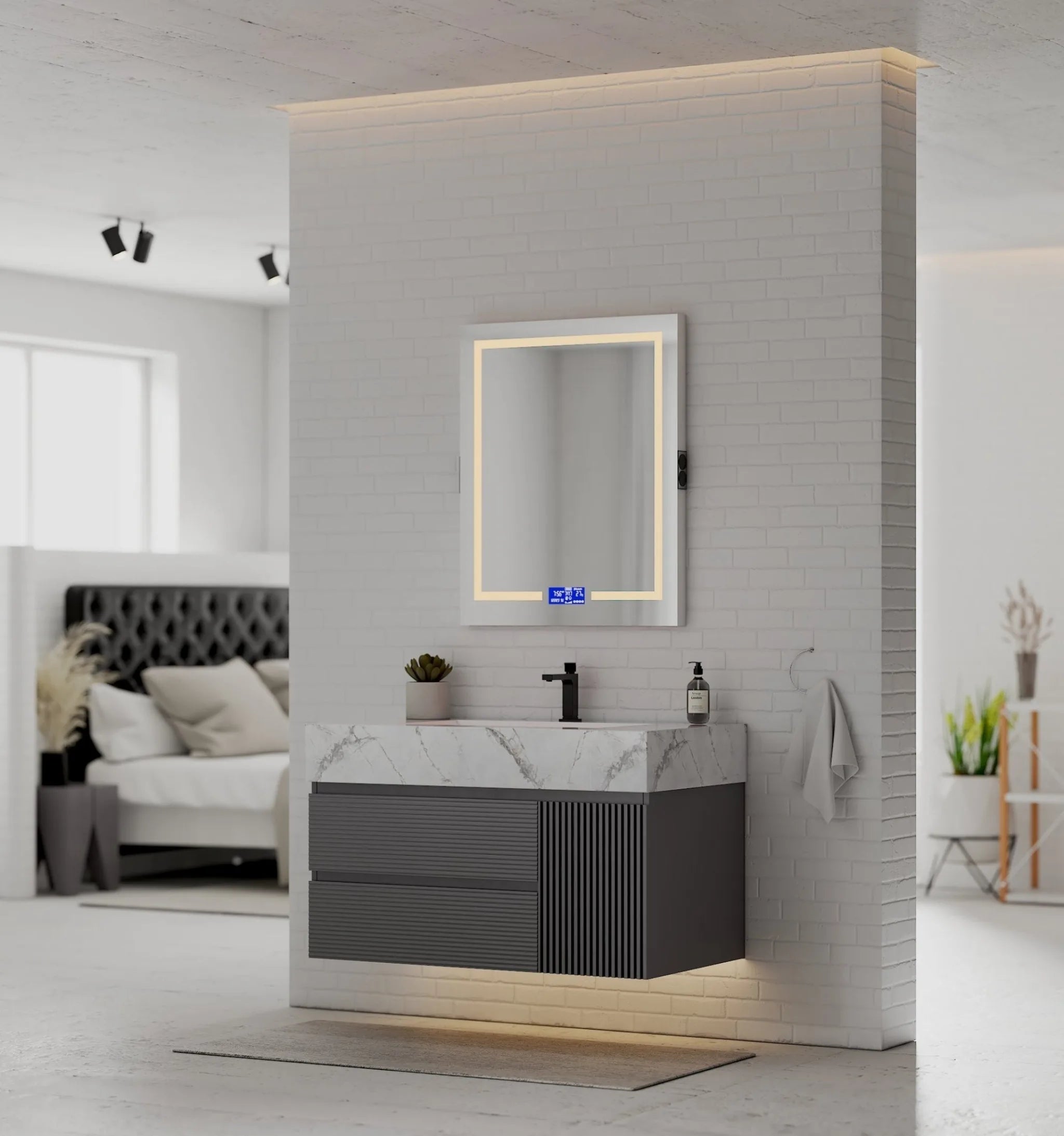 Aventino 40"–48" Dark Grey Fluted Floating Single-Sink Vanity with Sintered Stone Top