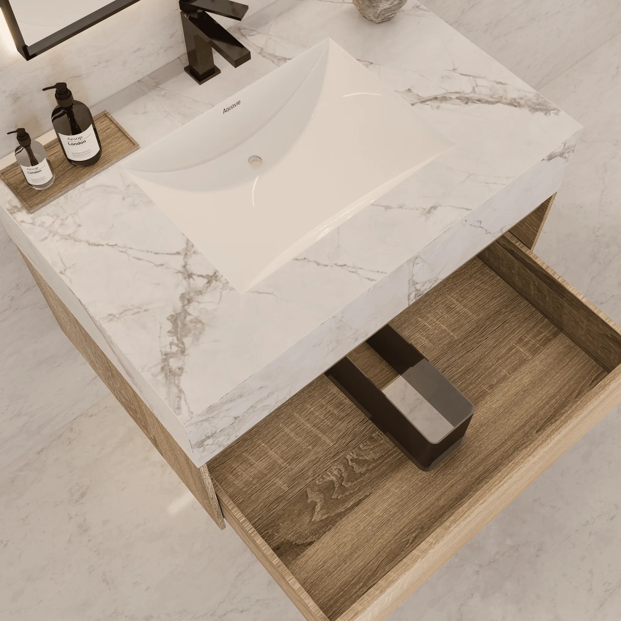 Aventino 40" Light Oak Floating Single-Sink Vanity with Sintered Stone Top