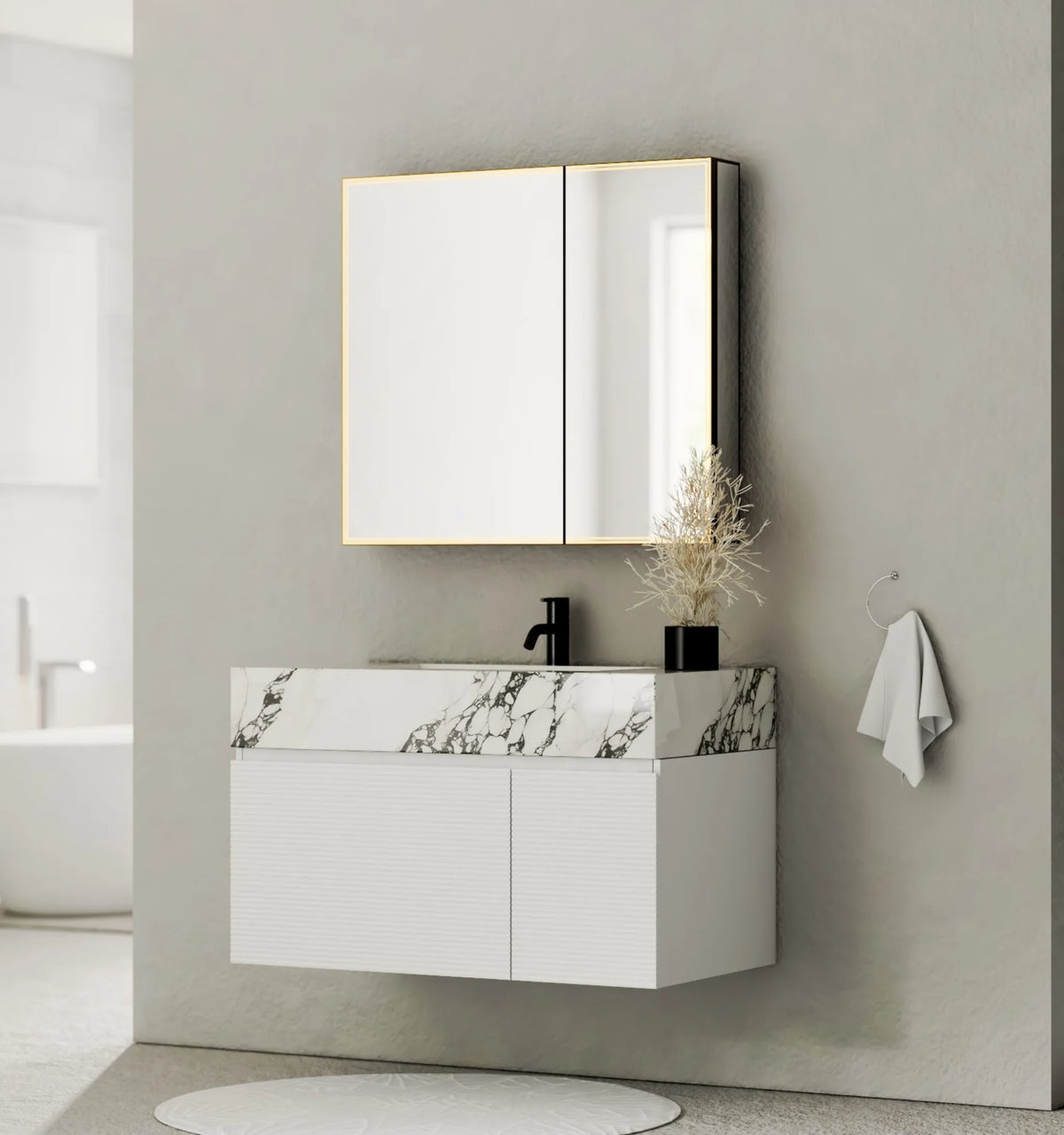 Aventino 40-inch Stone fluted floating single-sink vanity — sintered stone top