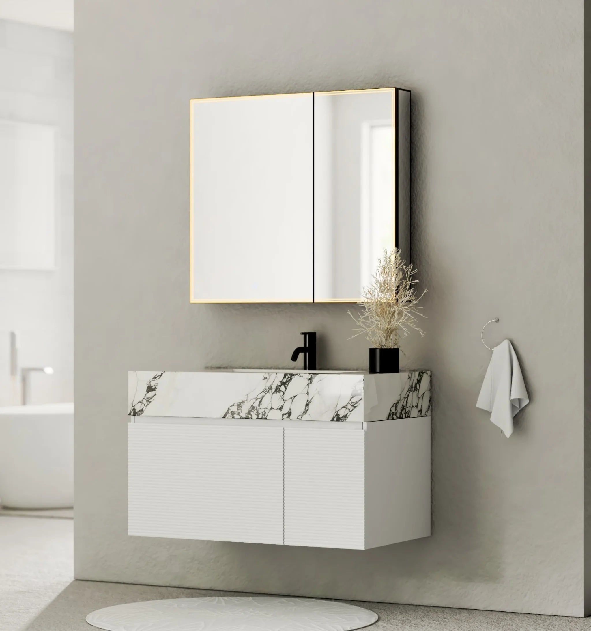 Aventino 40" White Fluted Floating Single-Sink Vanity with Sintered Stone Top