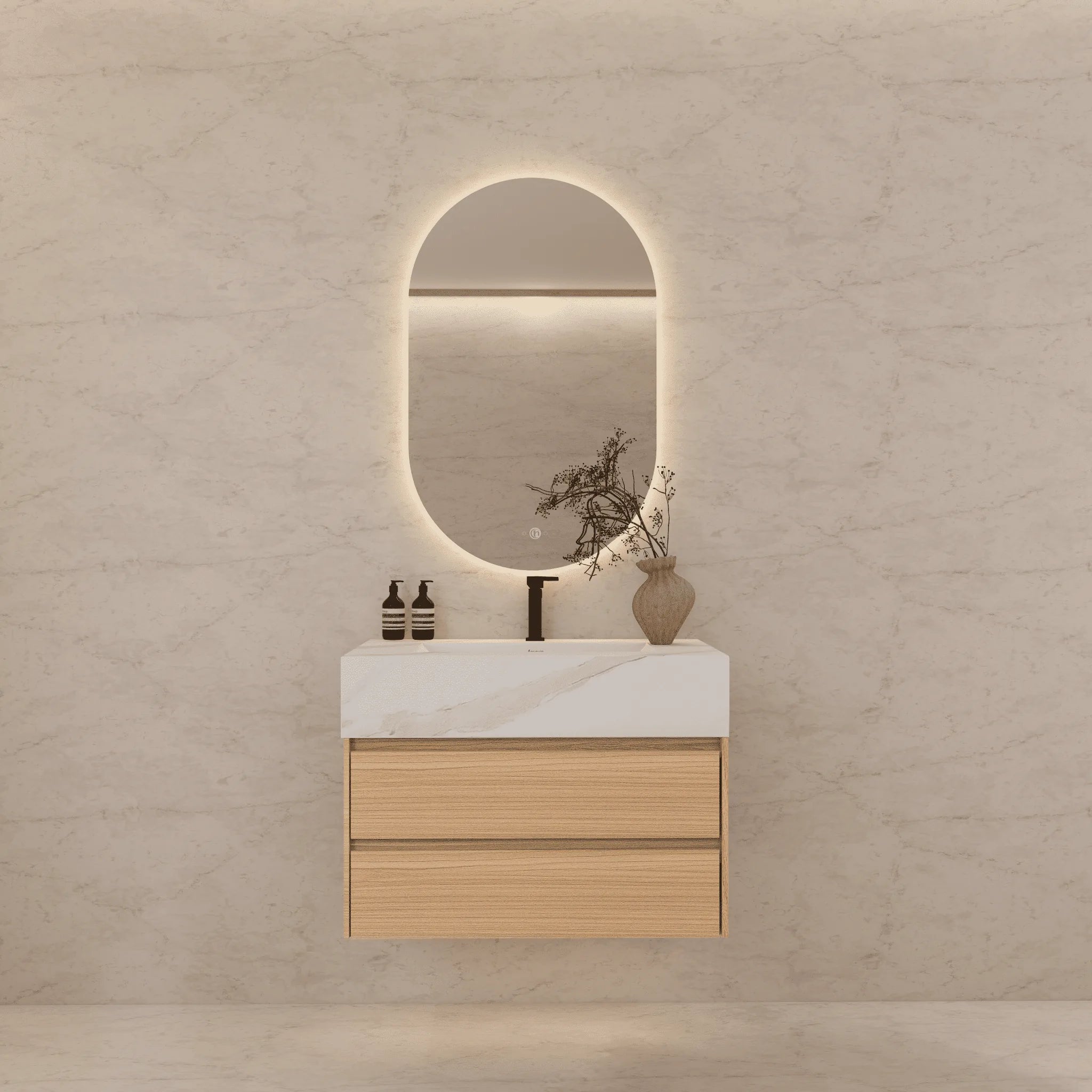 Aventino 32"–40" Nature Oak Floating Single-Sink Vanity with Sintered Stone Top