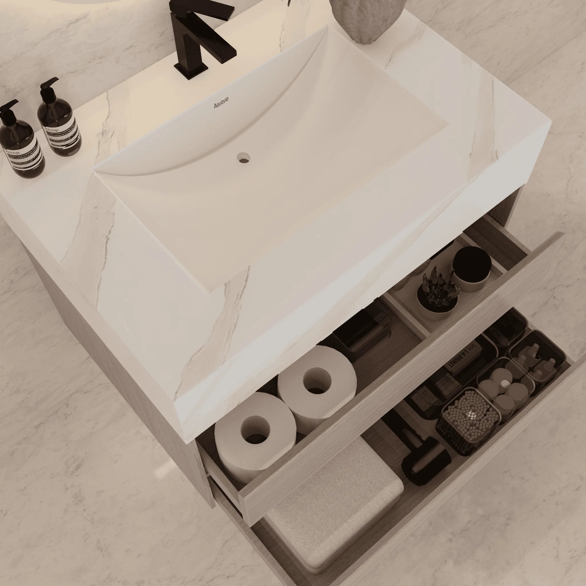 Aventino 32"–40" Smoked Oak Floating Single-Sink Vanity with Sintered Stone Top