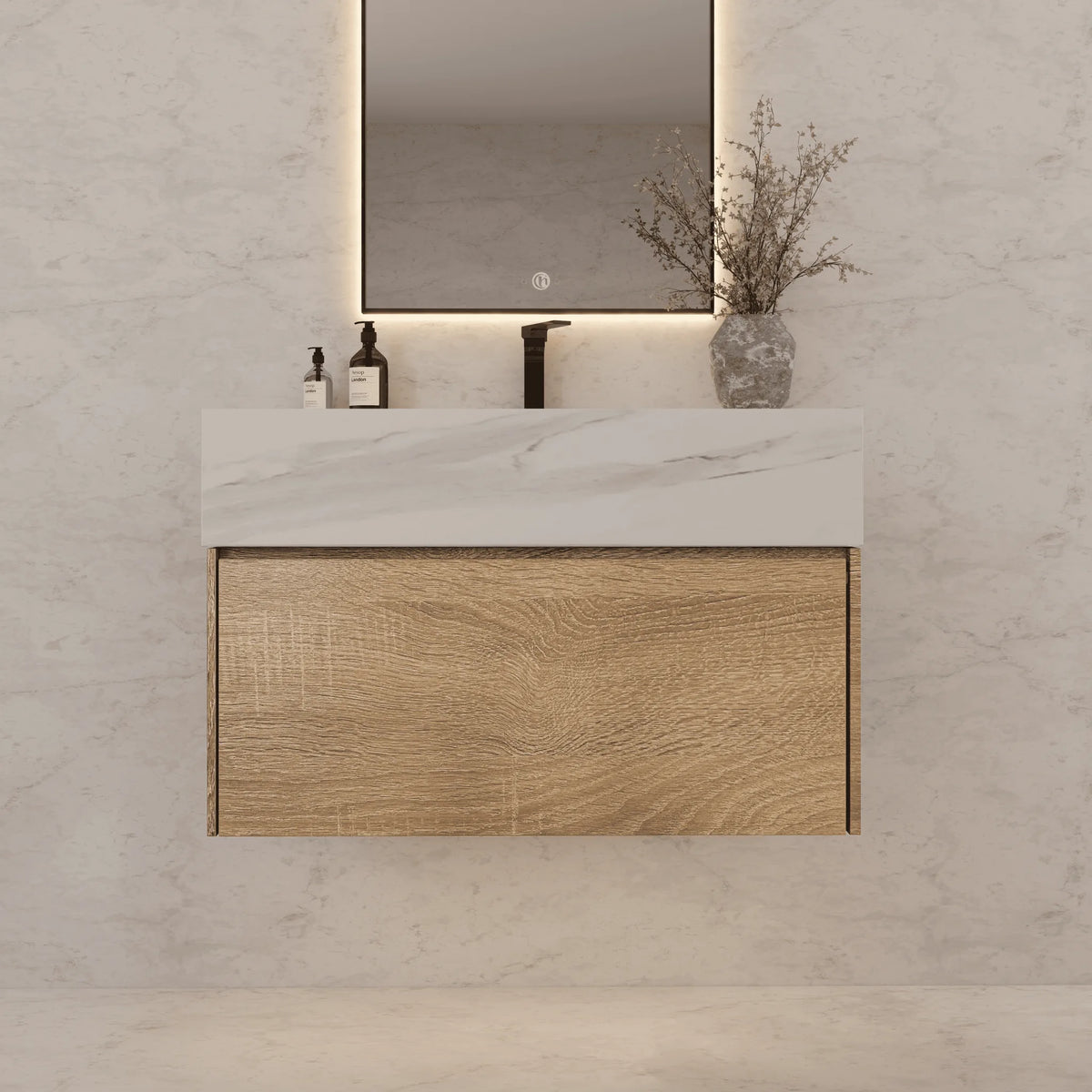 Aventino 40-inch White Carrara modern floating single-sink vanity — sintered stone top