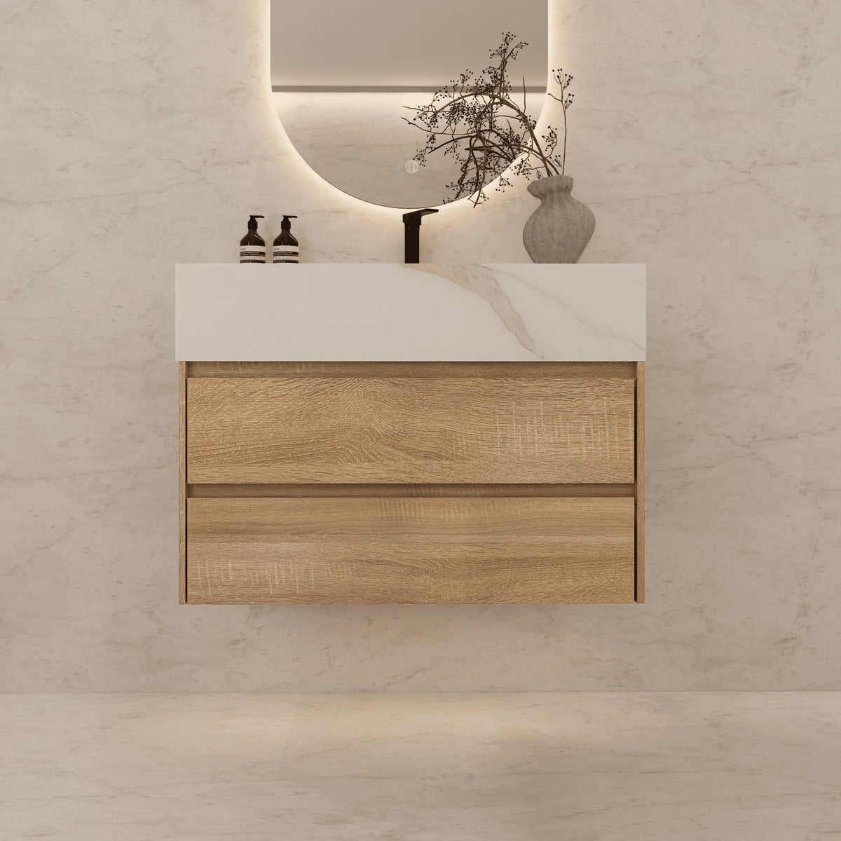 Aventino 40-inch White Carrara modern floating single-sink vanity — sintered stone top