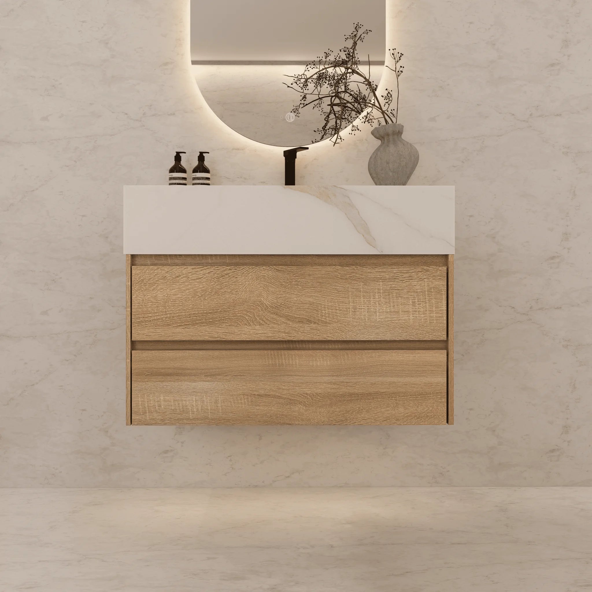 Aventino 32"–40" Nature Oak Floating Single-Sink Vanity with Sintered Stone Top