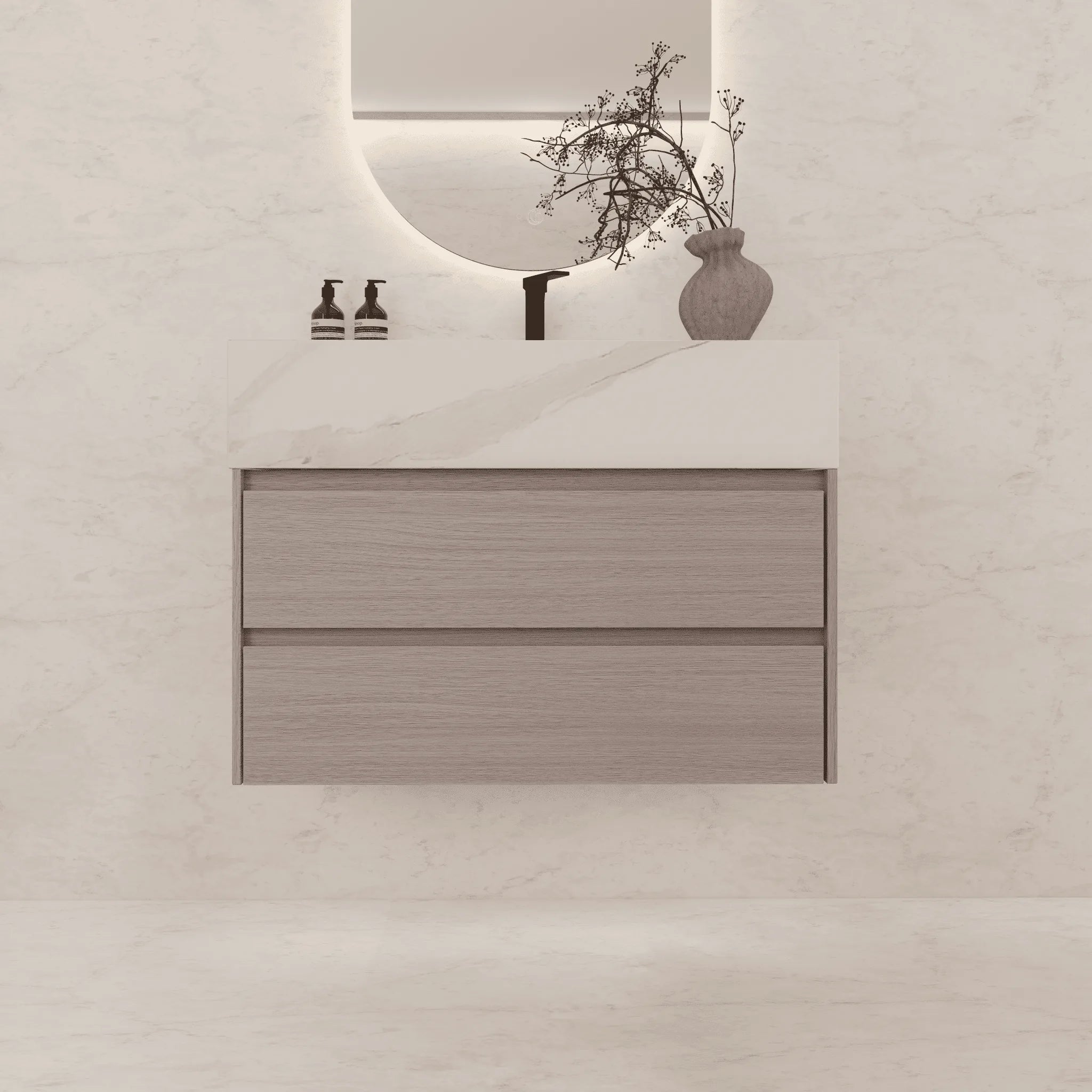 Aventino 32"–40" Nature Oak Floating Single-Sink Vanity with Sintered Stone Top