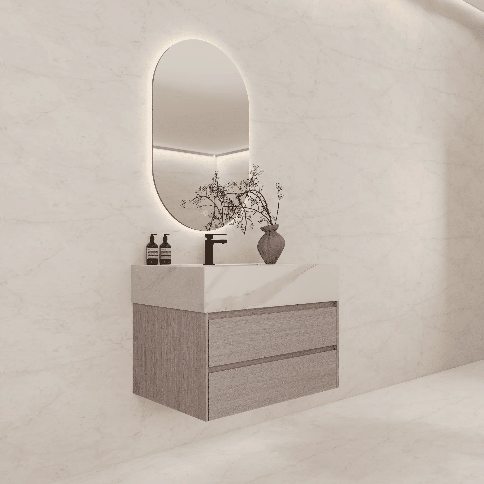 Aventino 32"–40" Smoked Oak Floating Single-Sink Vanity with Sintered Stone Top