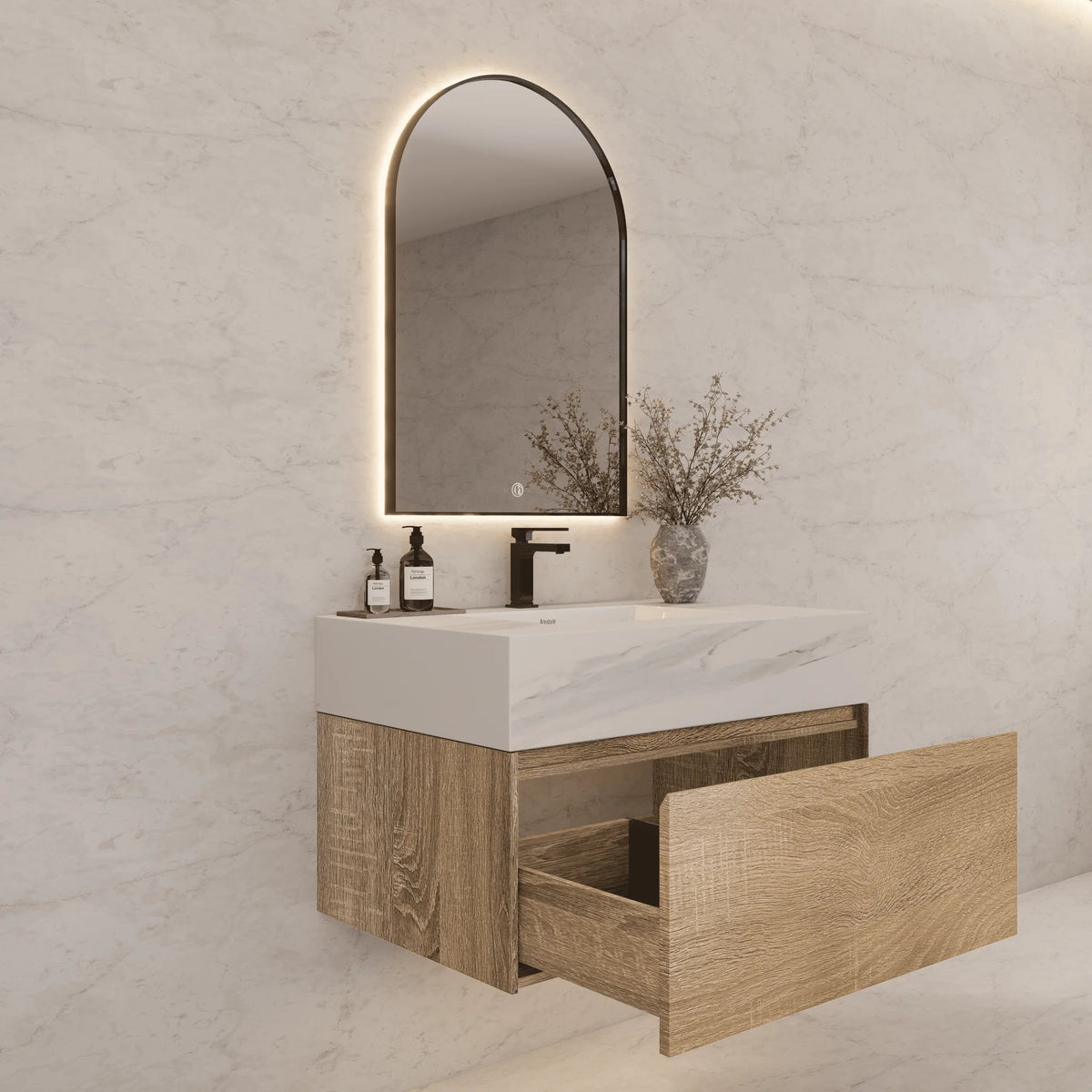 Aventino 40-inch White Carrara modern floating single-sink vanity — sintered stone top
