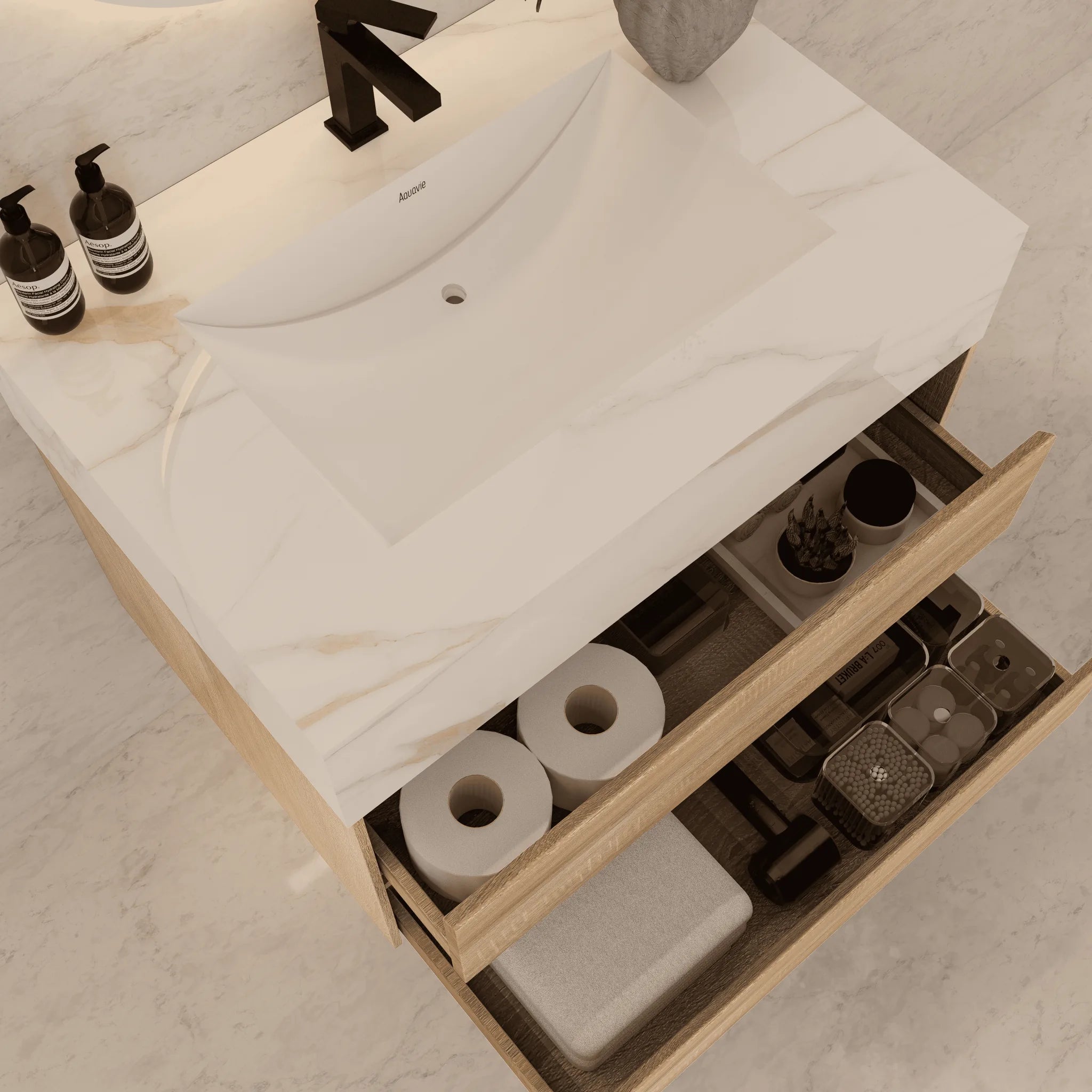 Aventino 32"–40" Nature Oak Floating Single-Sink Vanity with Sintered Stone Top