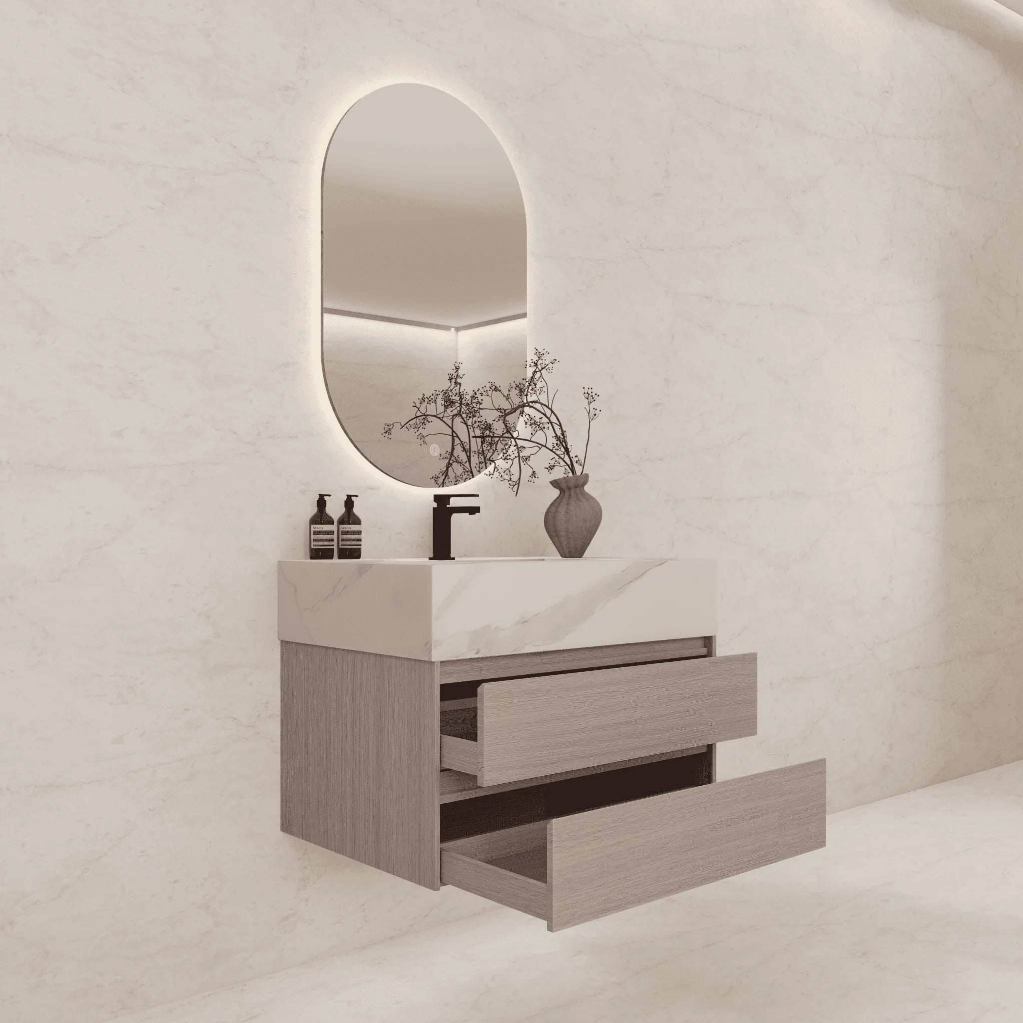 Aventino 32"–40" Smoked Oak Floating Single-Sink Vanity with Sintered Stone Top
