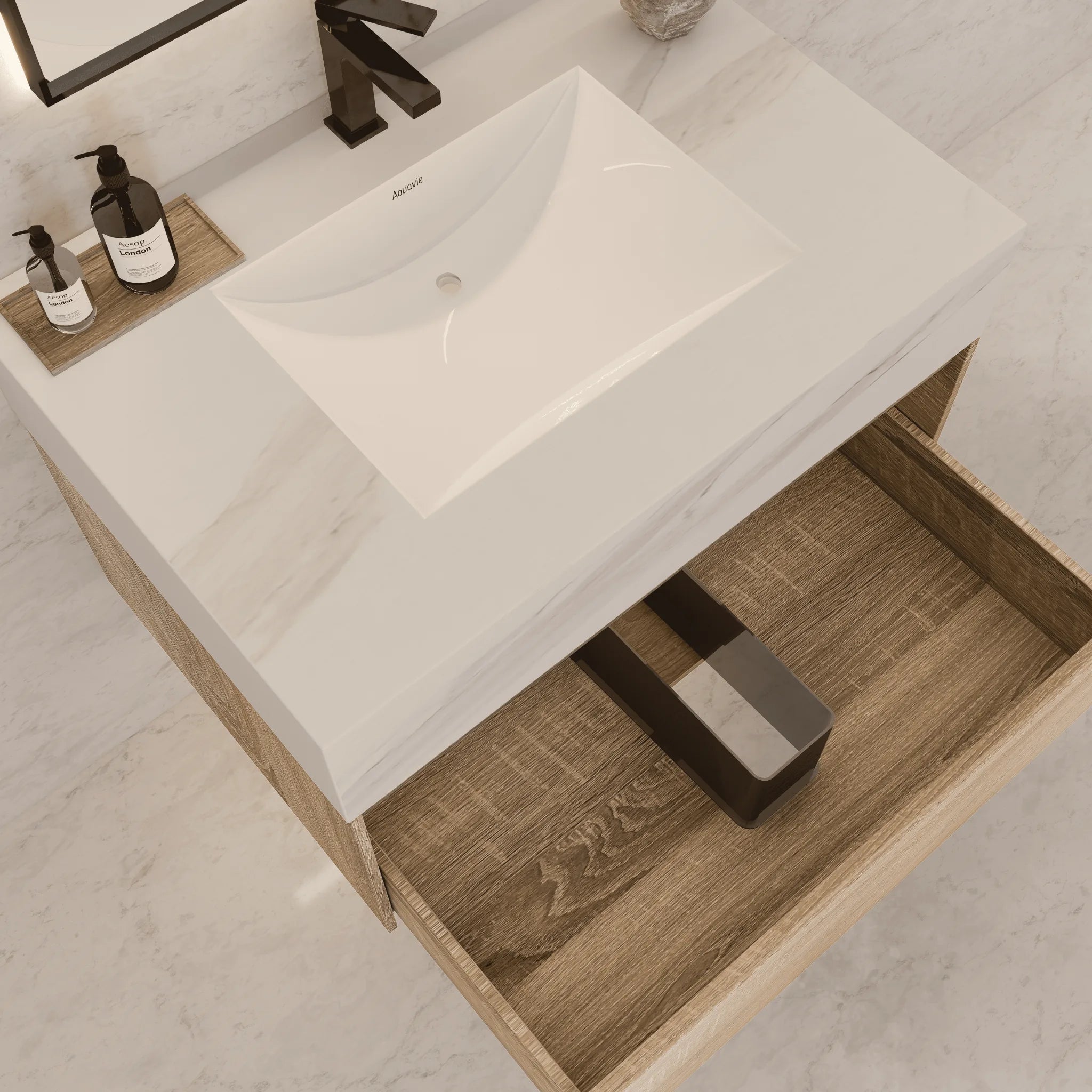 Aventino 32"–40" Light Oak Floating Single-Sink Vanity with Sintered Stone Top