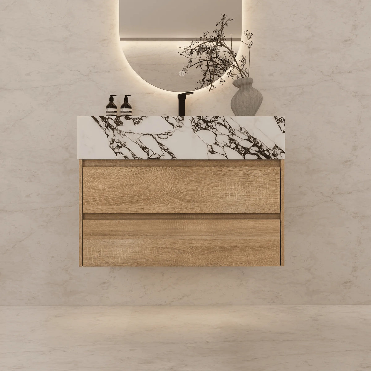 Aventino 40-inch White Carrara modern floating single-sink vanity — sintered stone top