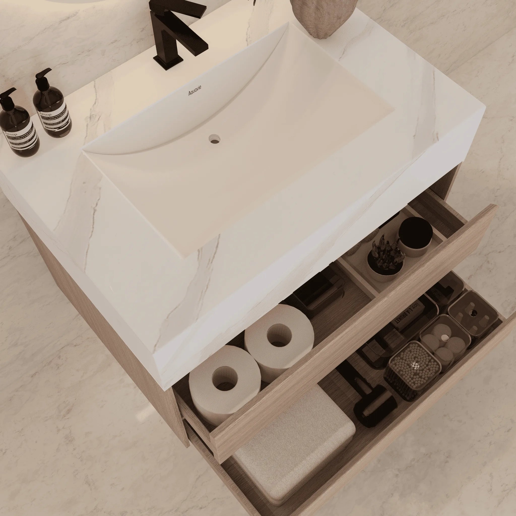 Aventino 32"–40" Nature Oak Floating Single-Sink Vanity with Sintered Stone Top