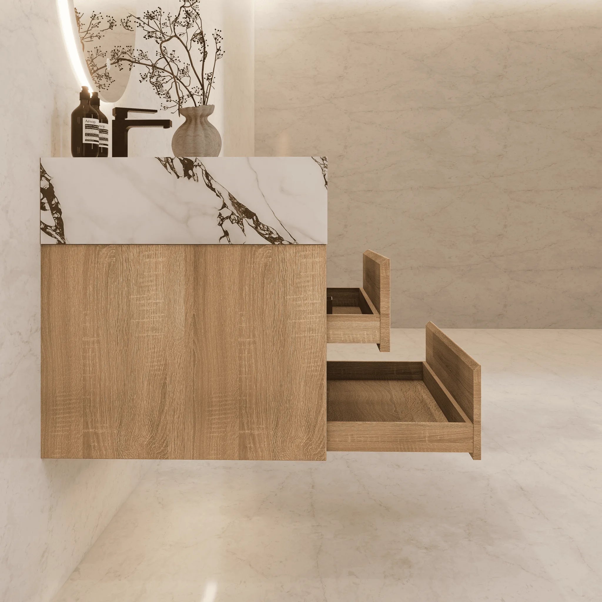 Aventino 32"–40" Smoked Oak Floating Single-Sink Vanity with Sintered Stone Top