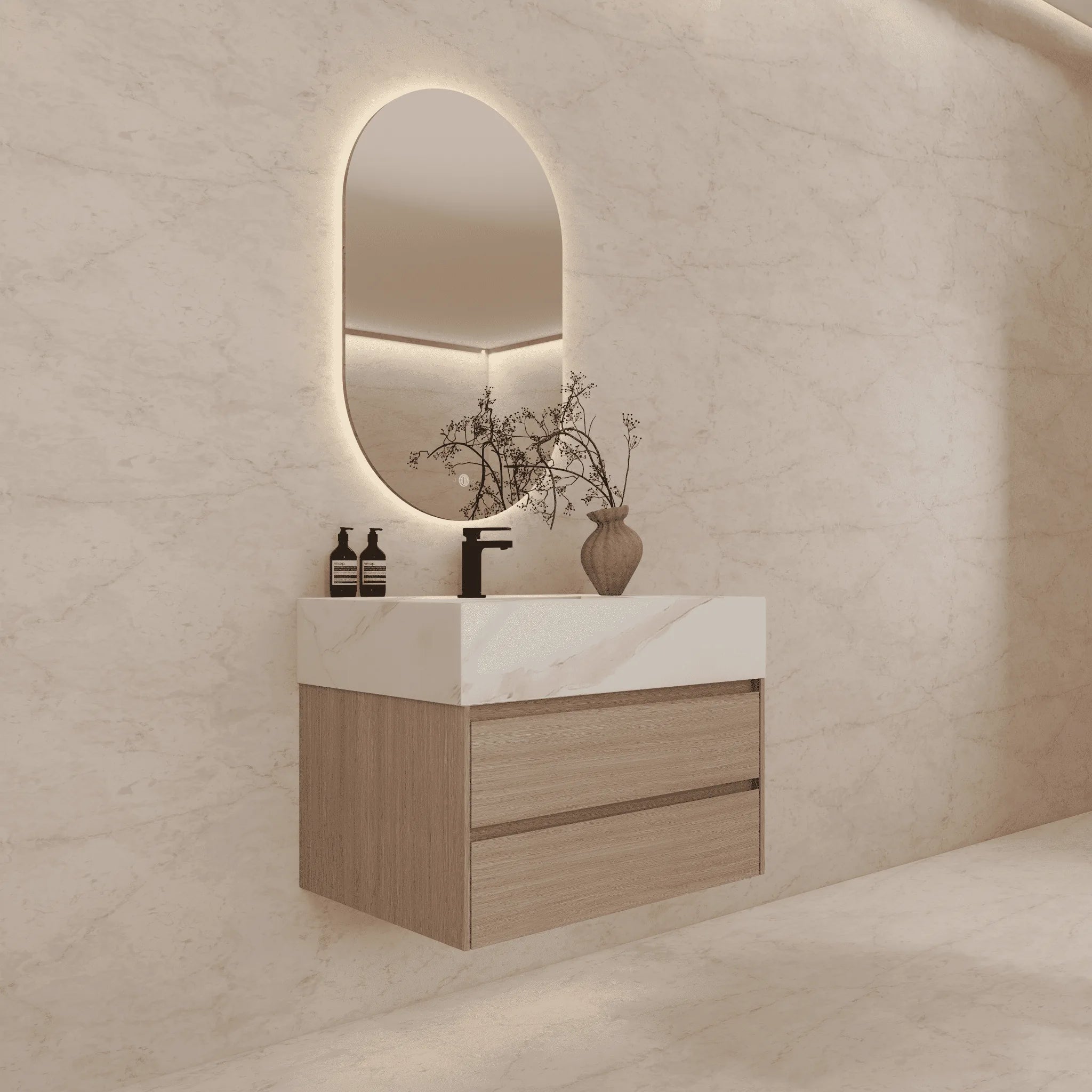 Aventino 32"–40" Nature Oak Floating Single-Sink Vanity with Sintered Stone Top