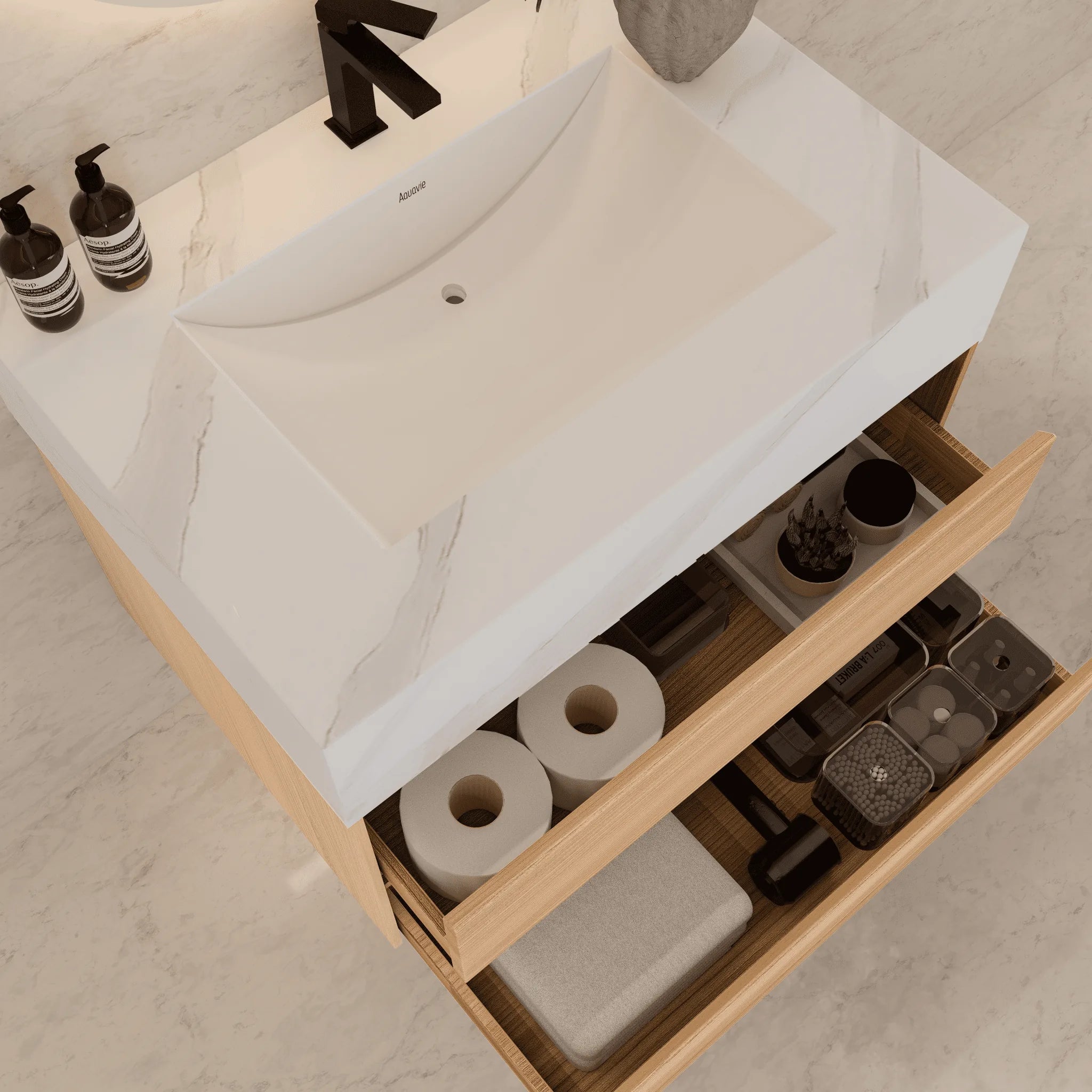 Aventino 32"–40" Nature Oak Floating Single-Sink Vanity with Sintered Stone Top