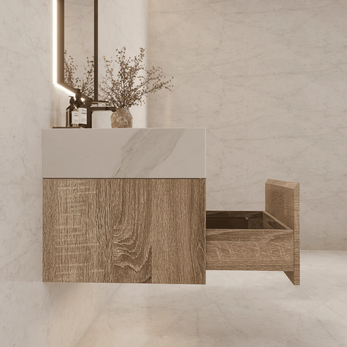 Aventino 40-inch White Carrara modern floating single-sink vanity — sintered stone top