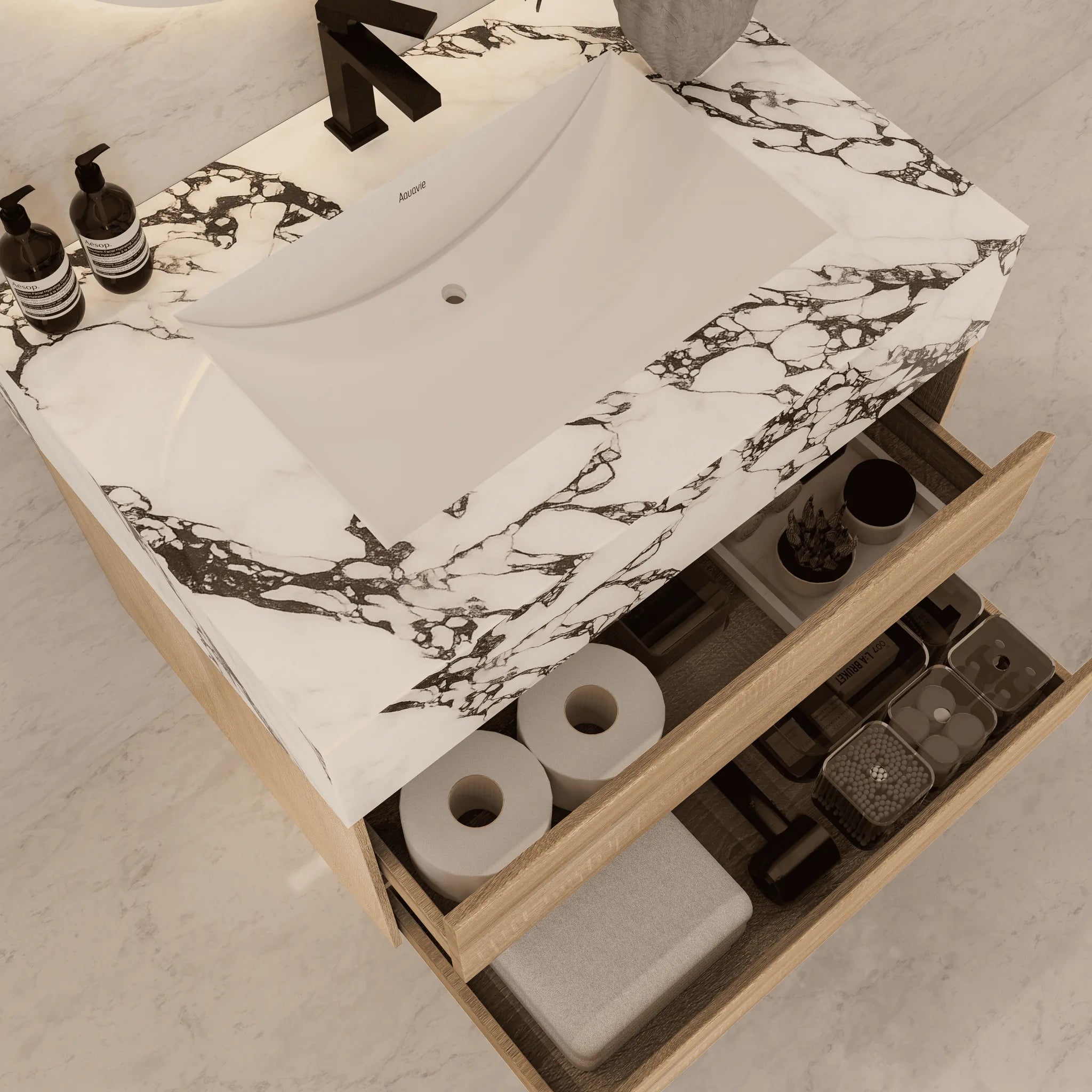 Aventino 32"–40" Smoked Oak Floating Single-Sink Vanity with Sintered Stone Top