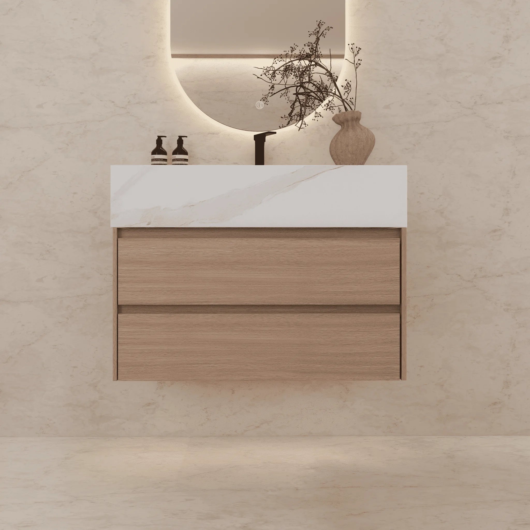 Aventino 32"–40" Nature Oak Floating Single-Sink Vanity with Sintered Stone Top