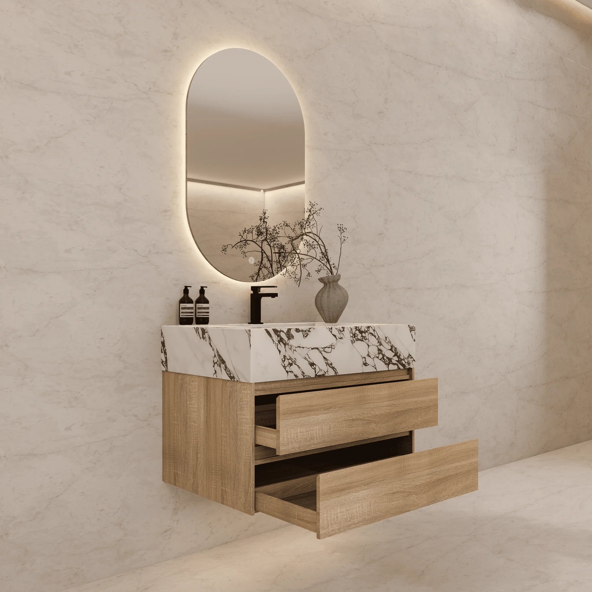 Aventino 32"–40" Nature Oak Floating Single-Sink Vanity with Sintered Stone Top