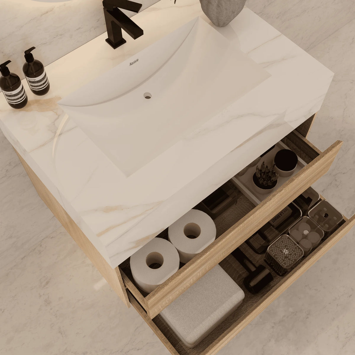 Aventino 40-inch White Carrara modern floating single-sink vanity — sintered stone top