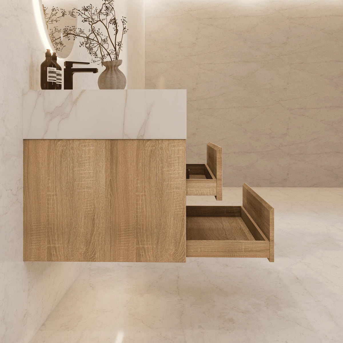 Aventino 40-inch White Carrara modern floating single-sink vanity — sintered stone top