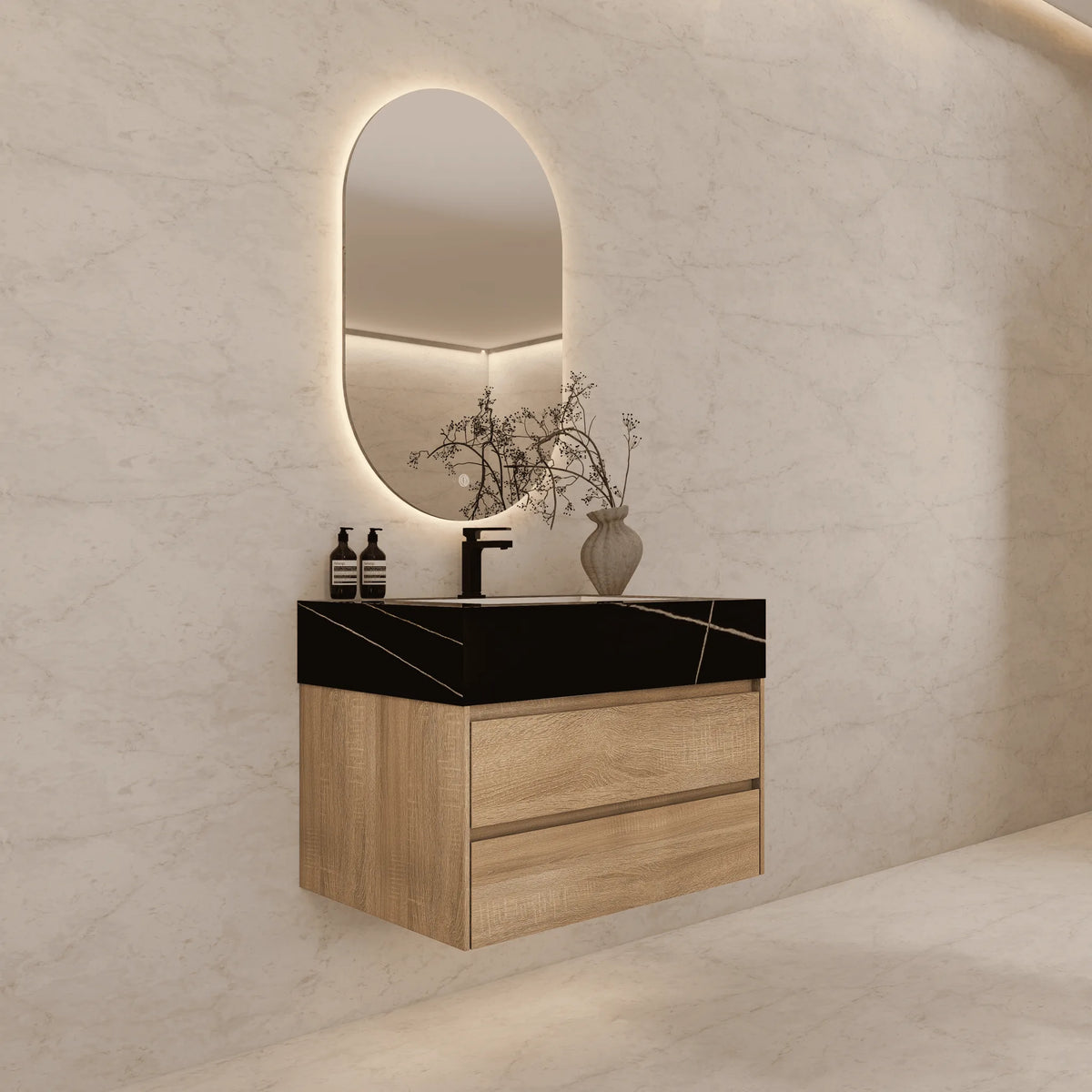 Aventino 40-inch White Carrara modern floating single-sink vanity — sintered stone top
