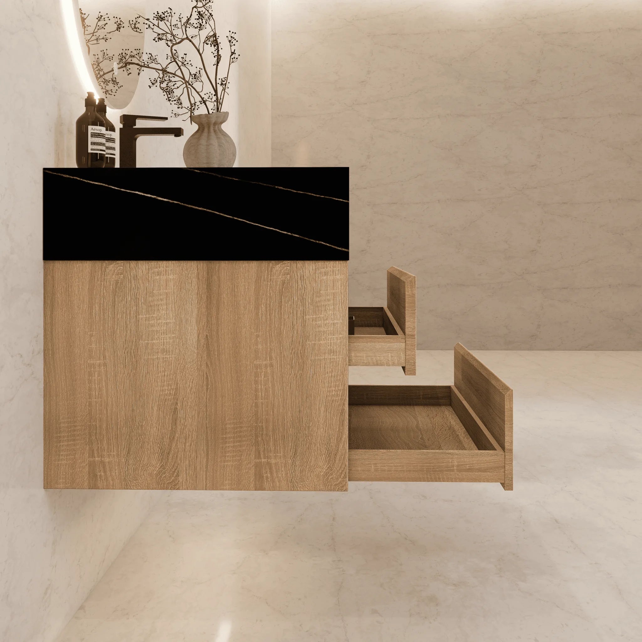 Aventino 32"–40" Smoked Oak Floating Single-Sink Vanity with Sintered Stone Top
