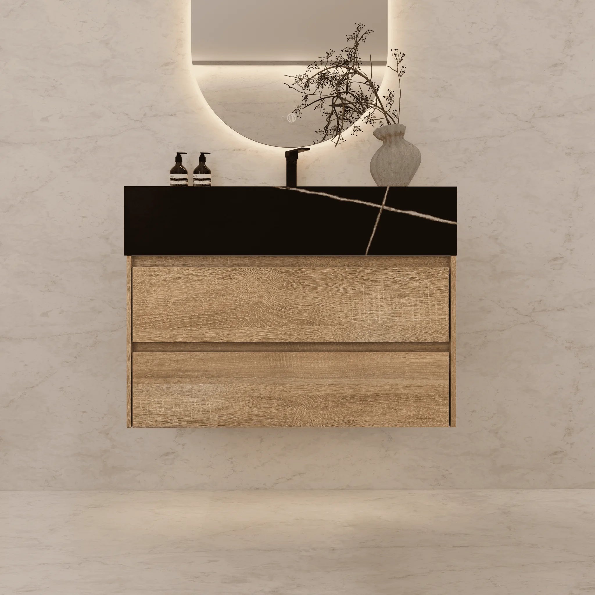 Aventino 32"–40" Nature Oak Floating Single-Sink Vanity with Sintered Stone Top