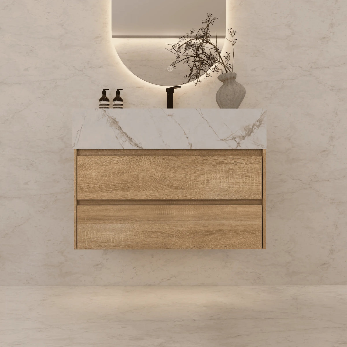 Aventino 40-inch White Carrara modern floating single-sink vanity — sintered stone top