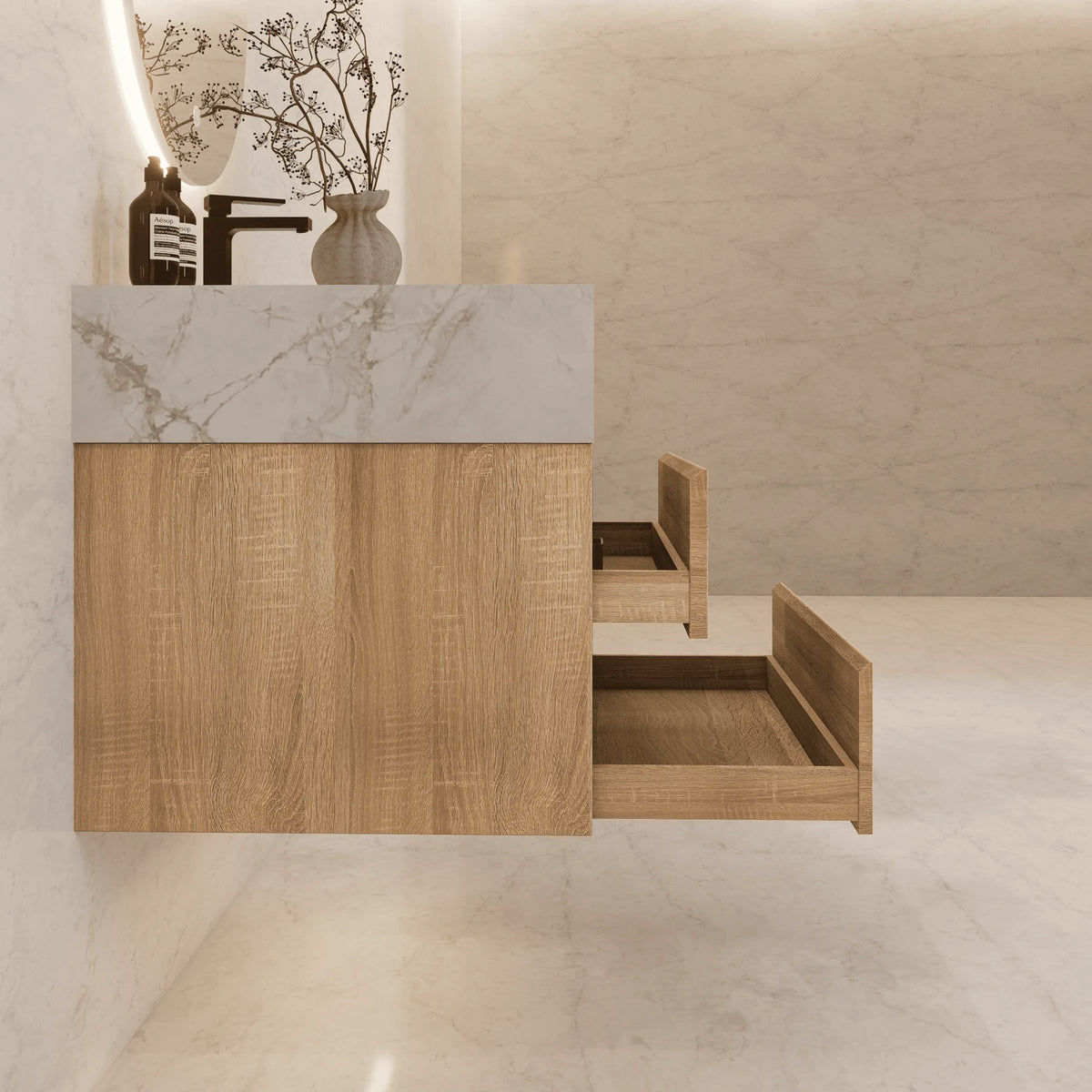 Aventino 40-inch White Carrara modern floating single-sink vanity — sintered stone top
