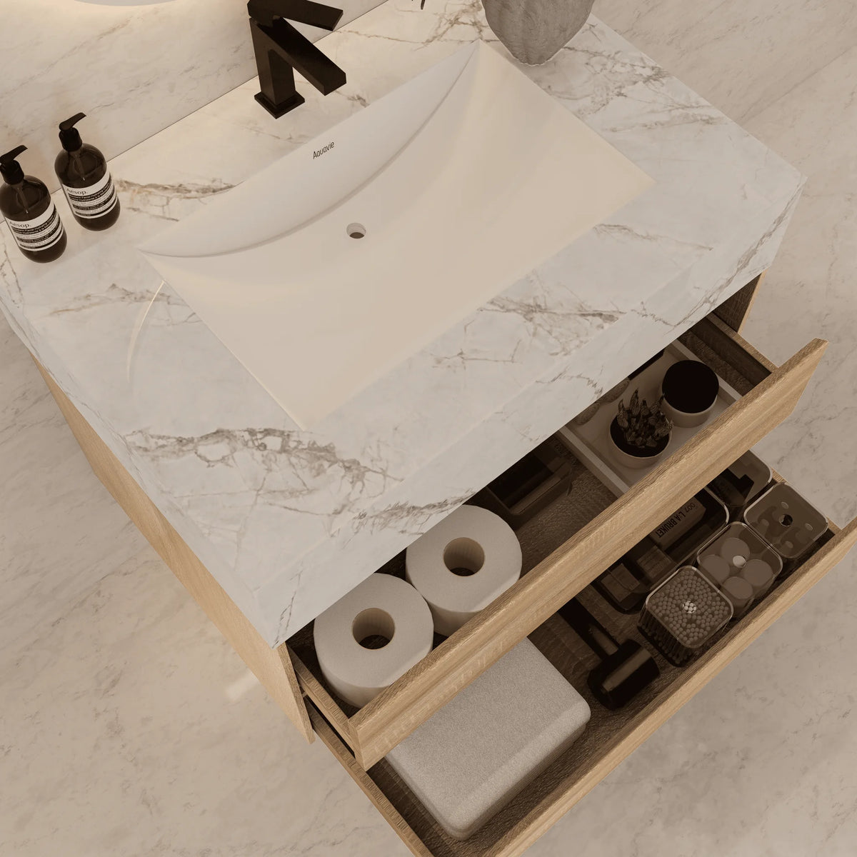 Aventino 40-inch White Carrara modern floating single-sink vanity — sintered stone top